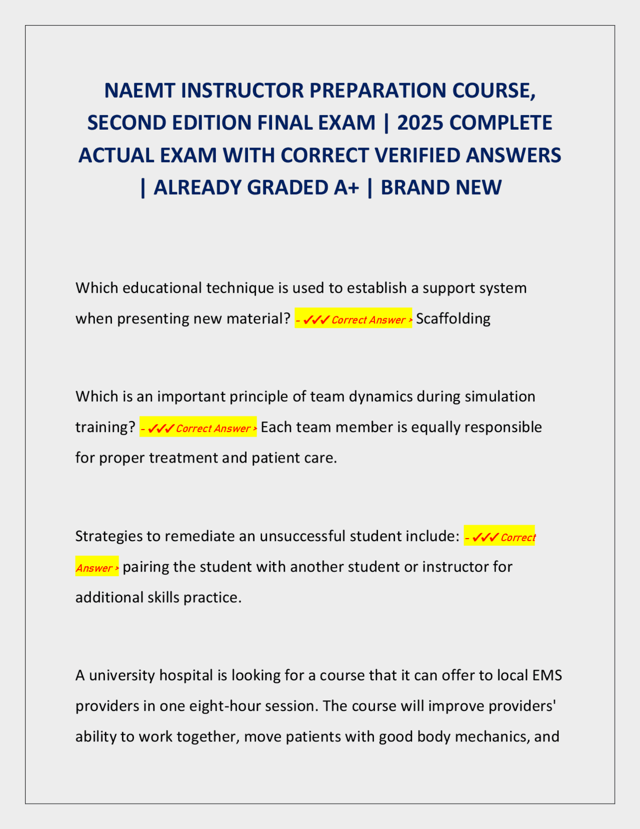 NAEMT Instructor Preparation Course Final Exam Questions and Answers