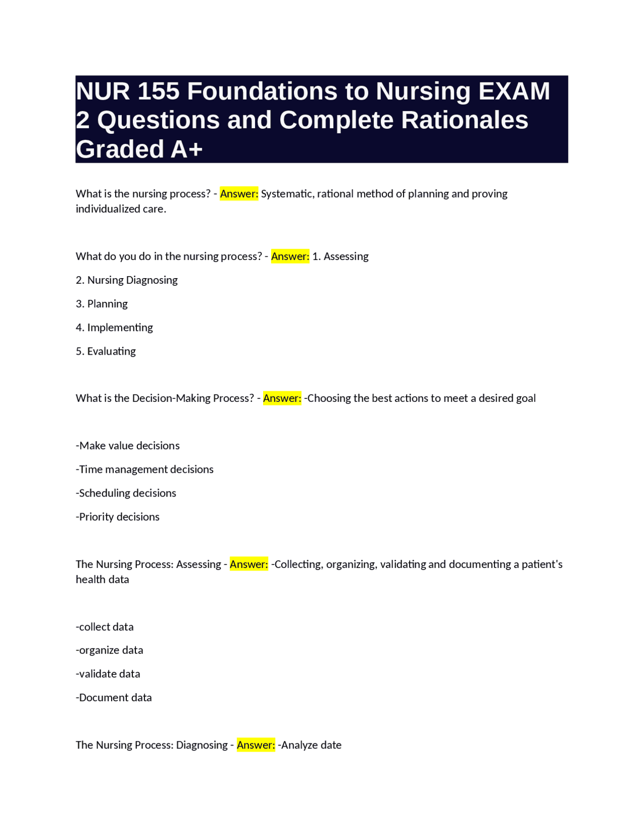 NUR 155 Foundations to Nursing EXAM 2 Questions and Complete Rationales ...