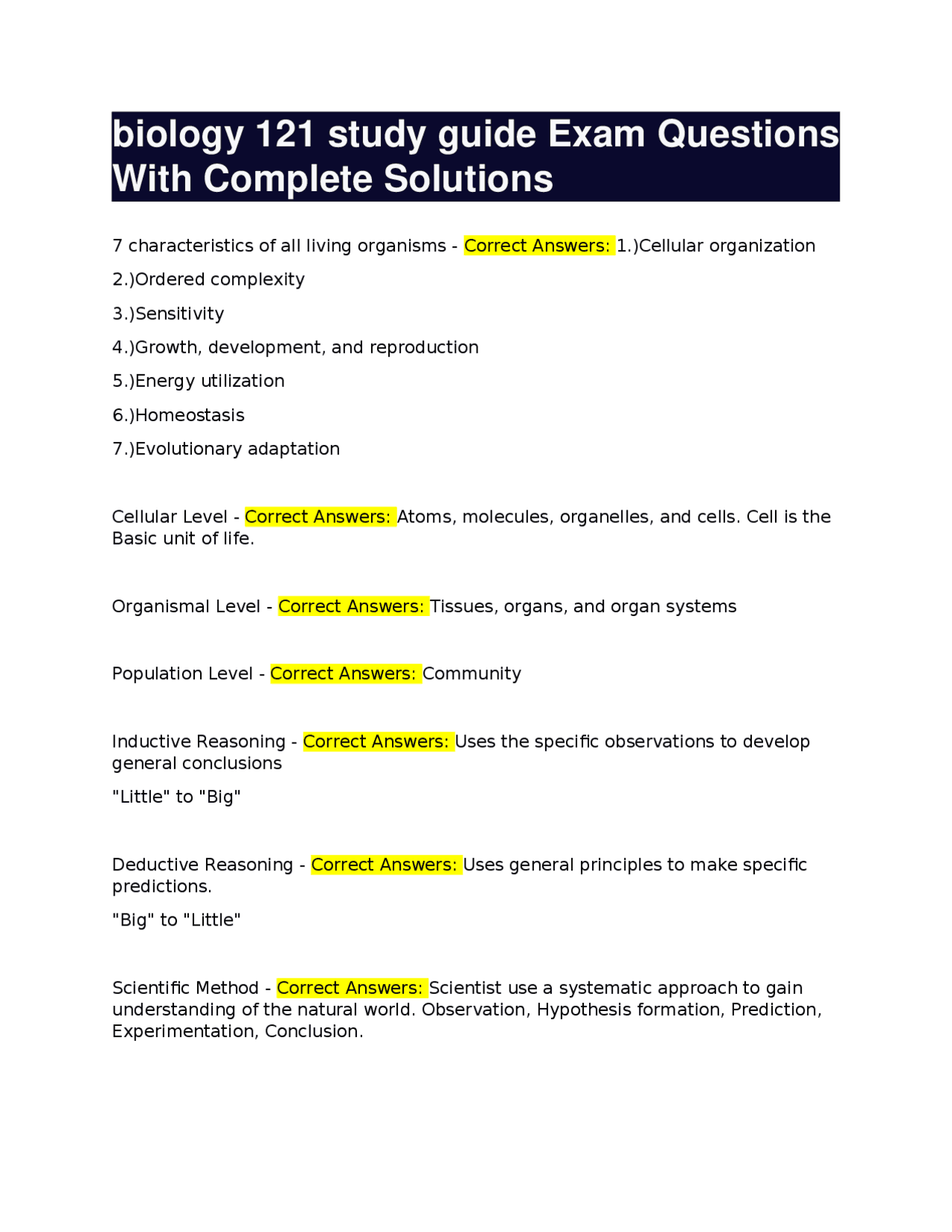 Biology 121 Study Guide: Exam Questions with Complete Solutions | Exams ...