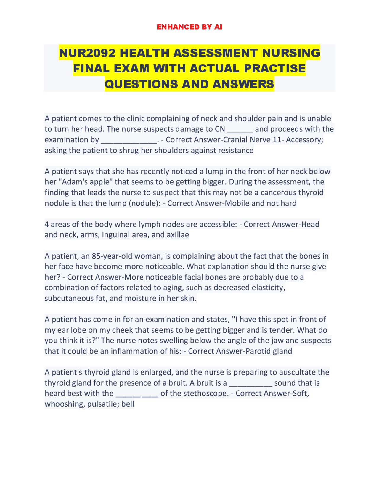NUR2092 Health Assessment Nursing Final Exam Practice Questions and ...