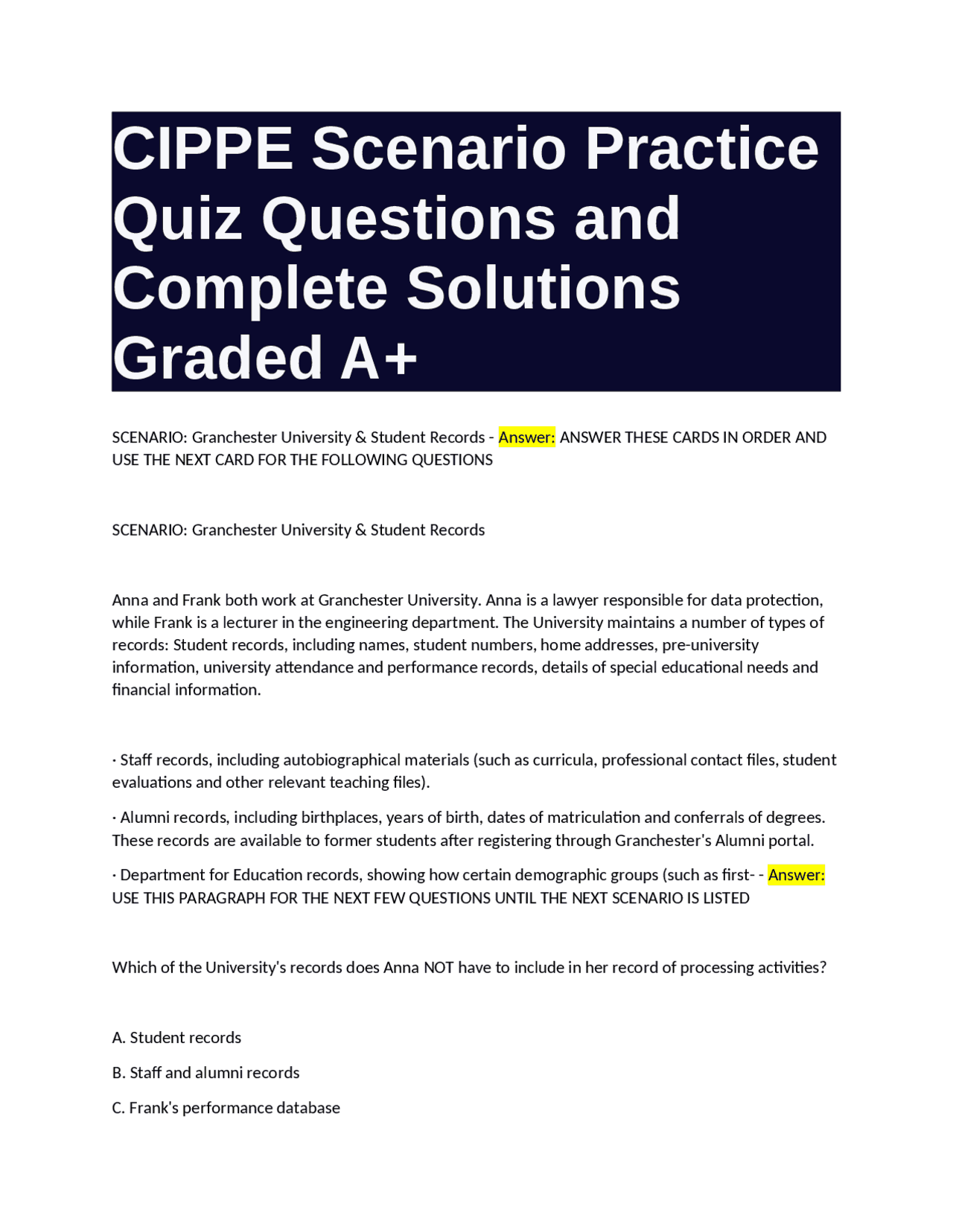 CIPPE Scenario Practice Quiz Questions and Complete Solutions Graded A+ ...