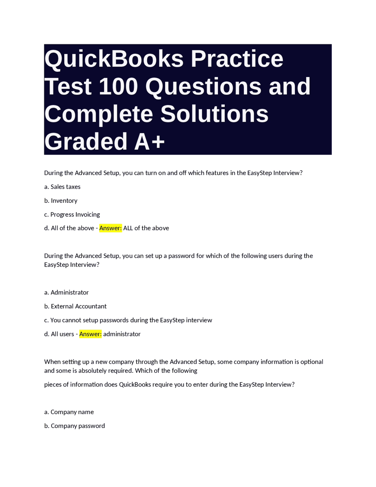 QuickBooks Practice Test: 100 Questions and Complete Solutions | Exams ...