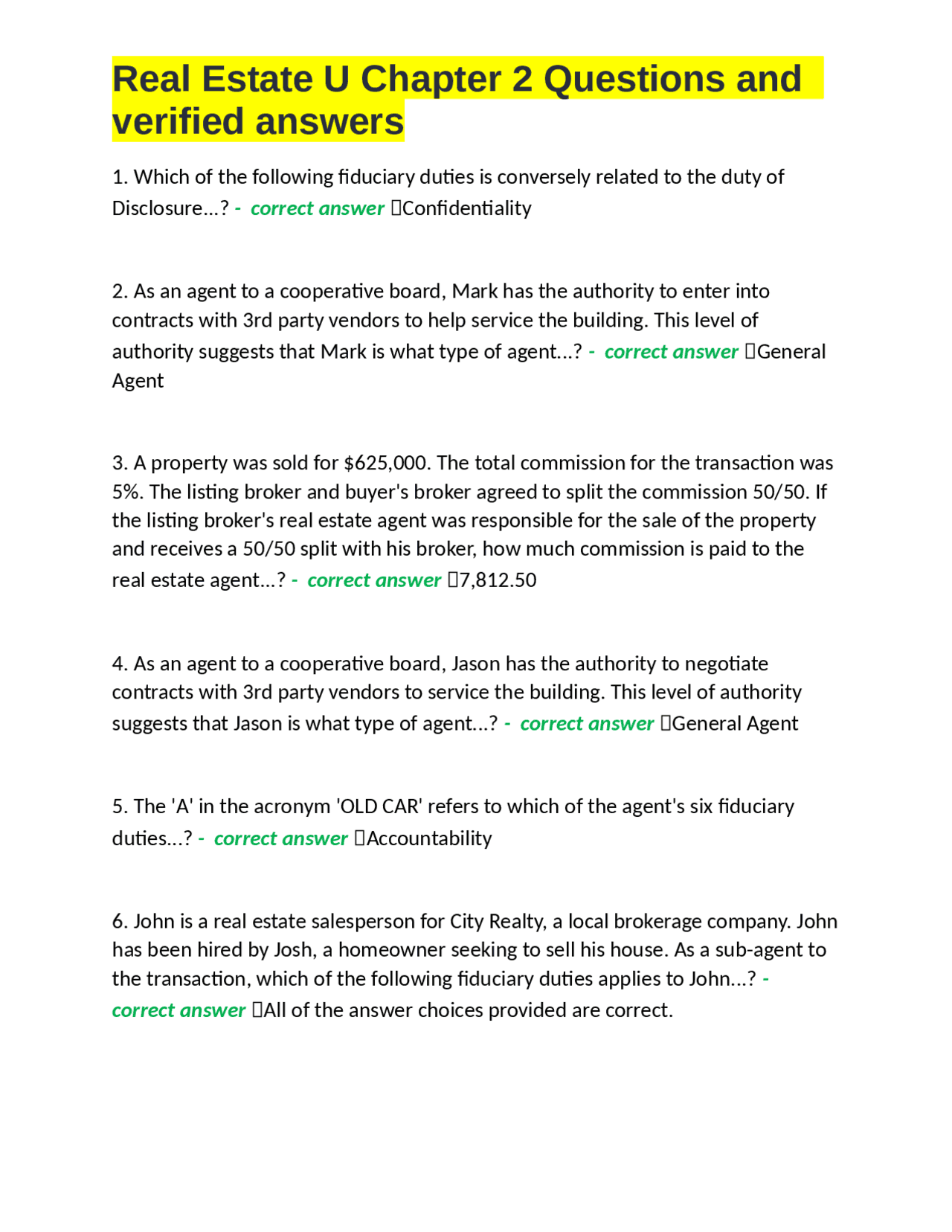 Real Estate U Chapter 2 Questions And Verified Answers Exams Nursing