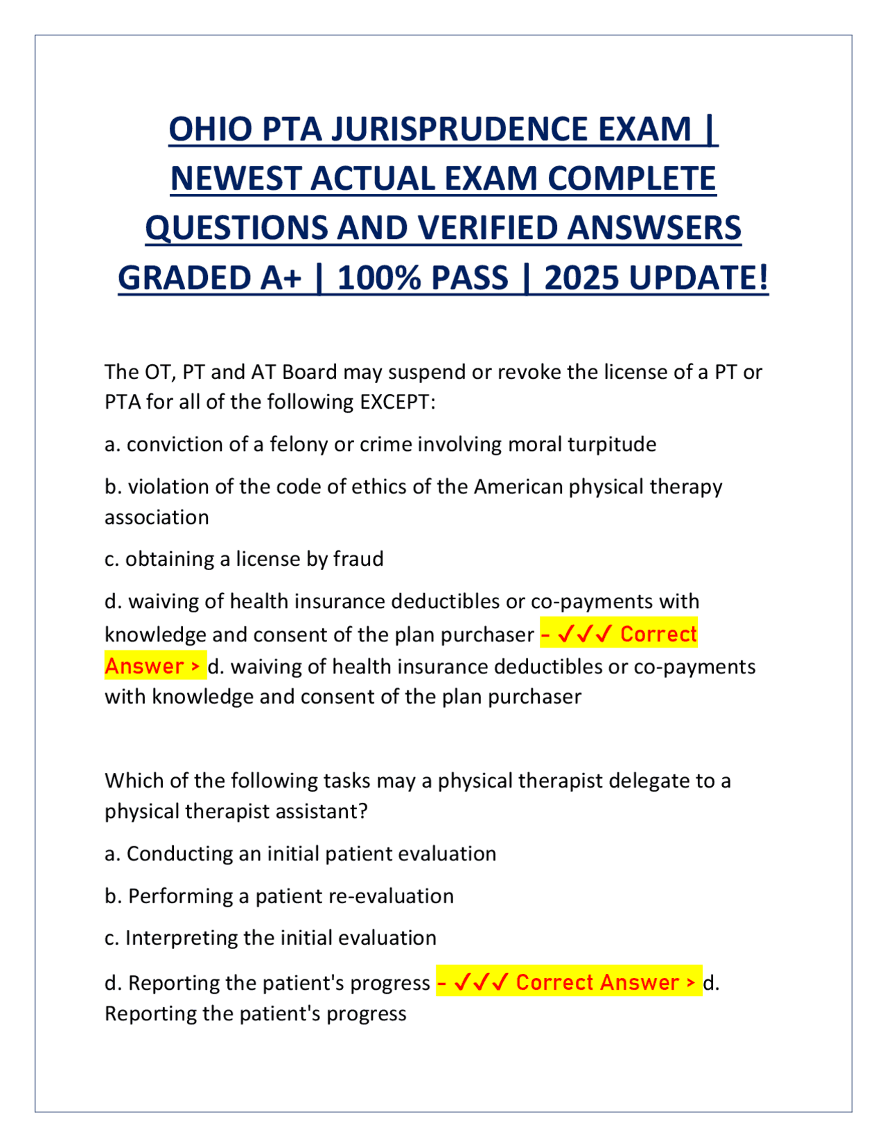 OHIO PTA JURISPRUDENCE EXAM | NEWEST ACTUAL EXAM COMPLETE QUESTIONS AND ...