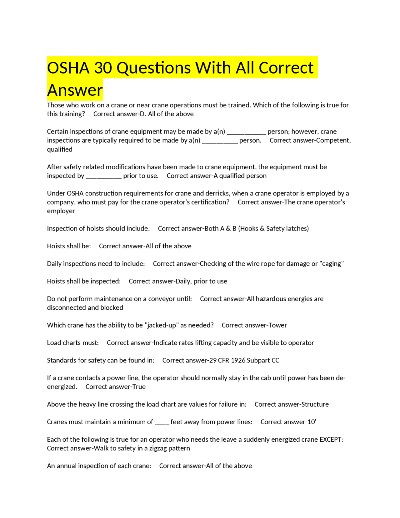 OSHA 30 Questions With All Correct Answer | Exams Construction | Docsity