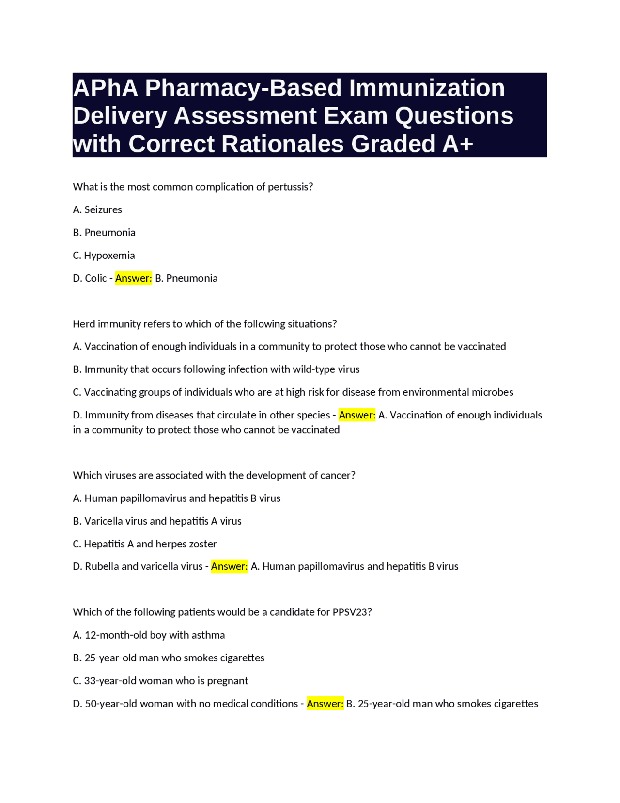 Pharmacy-Based Immunization Delivery Assessment Exam Questions with ...