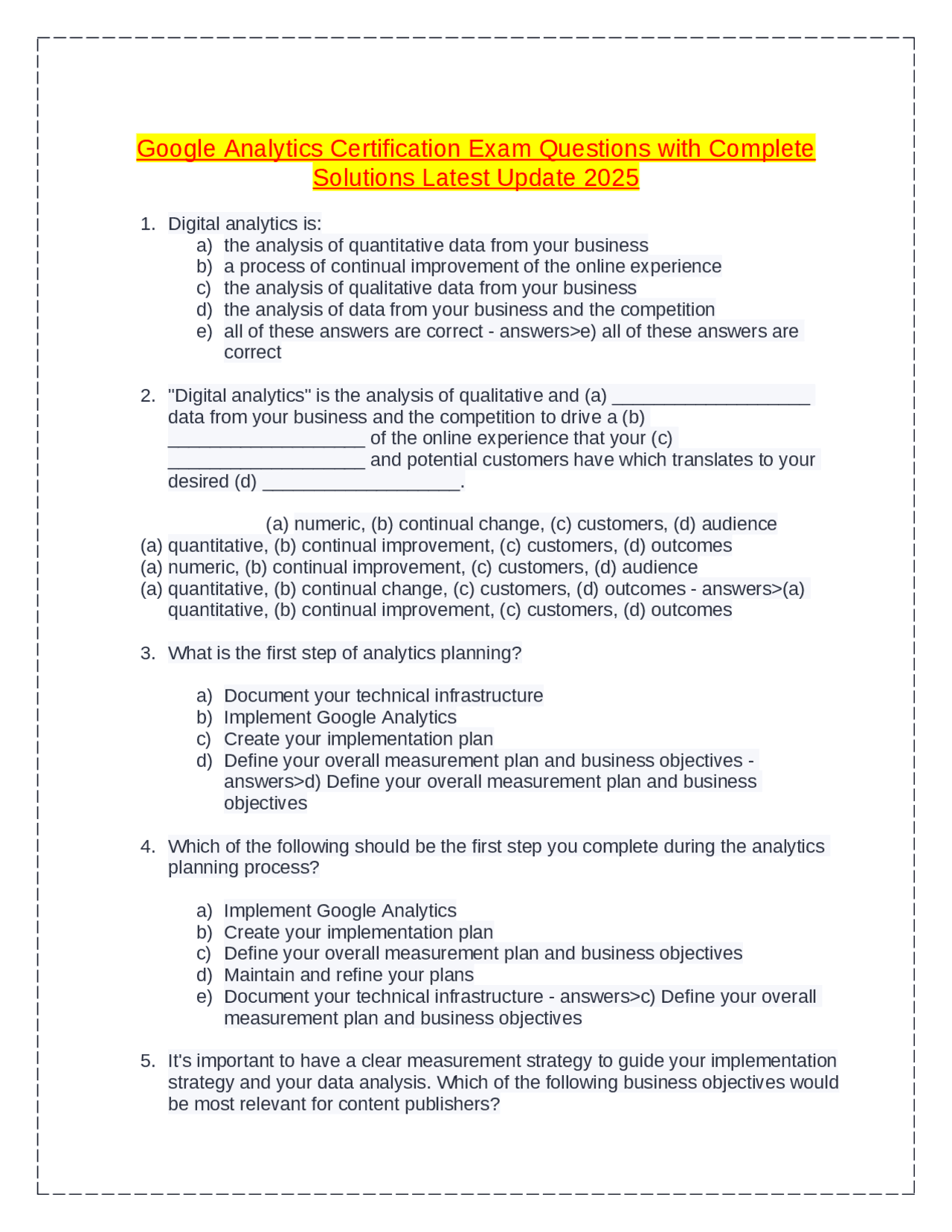 Google Analytics Certification Exam Questions with Complete Solutions ...