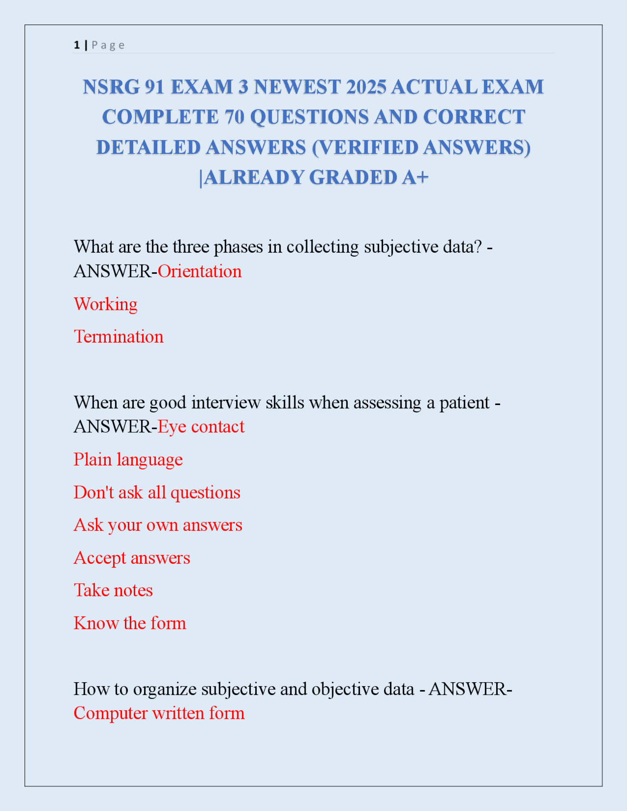 NSRG 91 EXAM 3 NEWEST 2025 ACTUAL EXAM COMPLETE 70 QUESTIONS AND ...