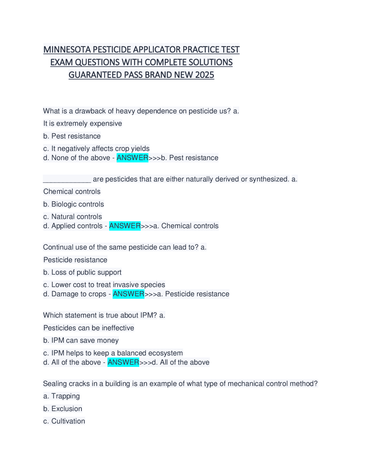 Minnesota Pesticide Applicator Practice Test: Questions and Answers | Exams Pest Management ...