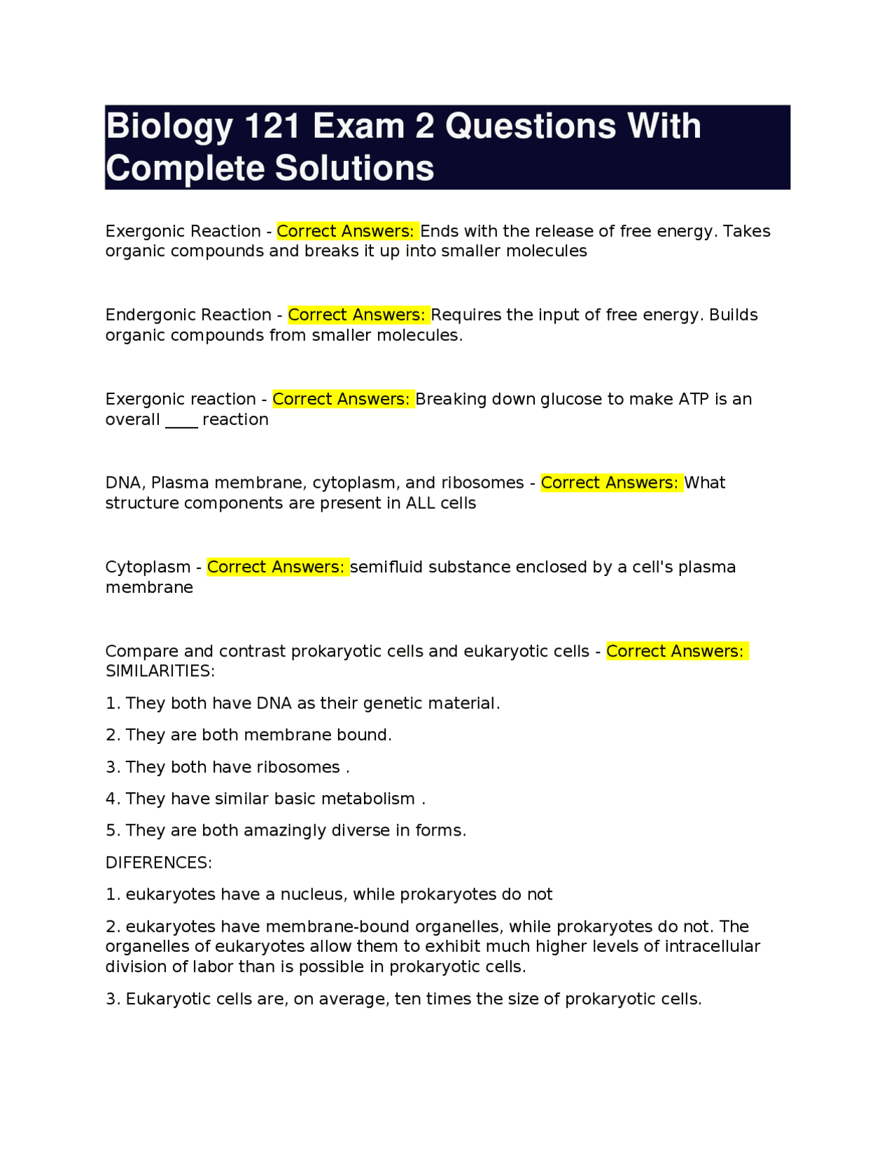 Biology 121 Exam 2 Questions and Answers: Cellular Processes and ...
