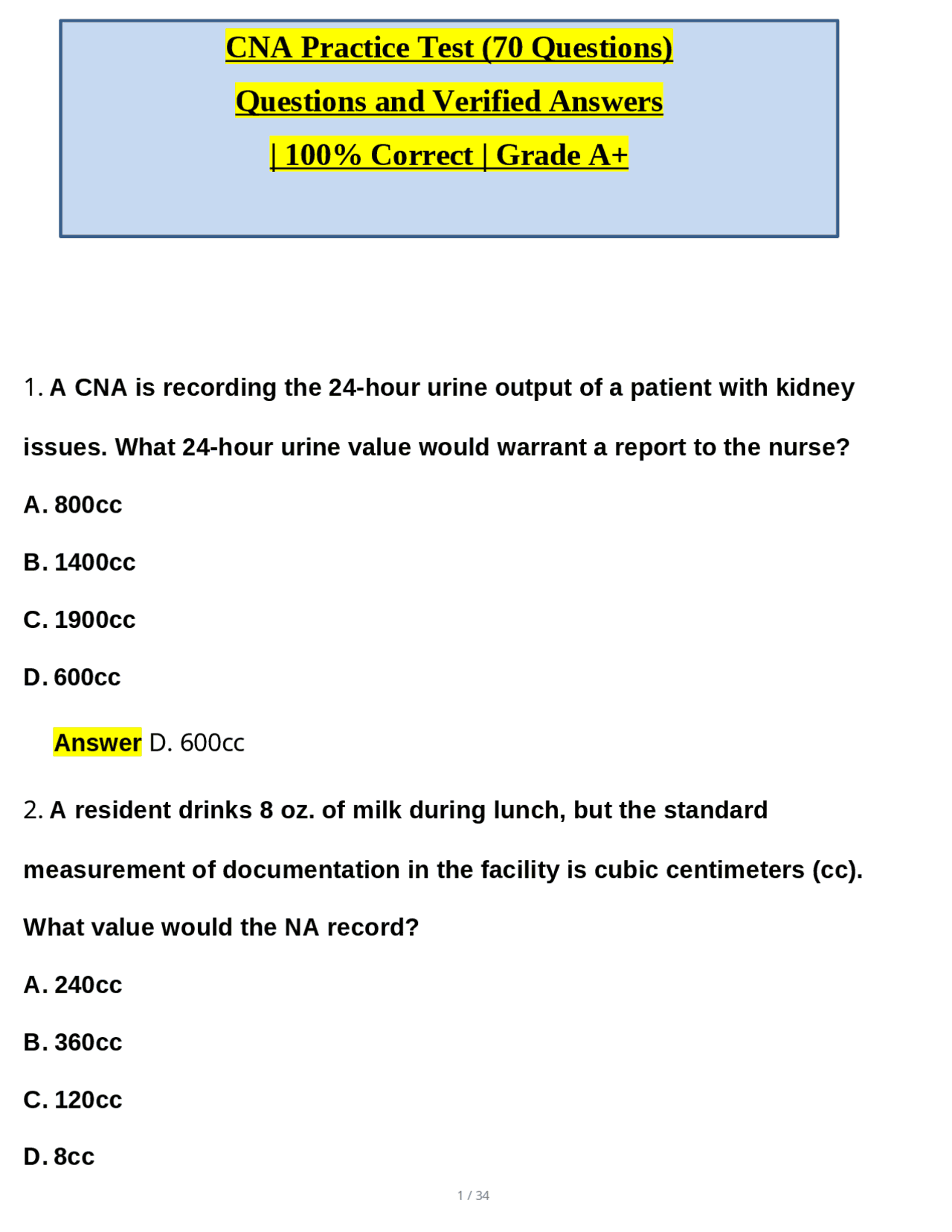 CNA Practice Test for Basic Nursing Skills (70 Questions) (Latest 2025 ...