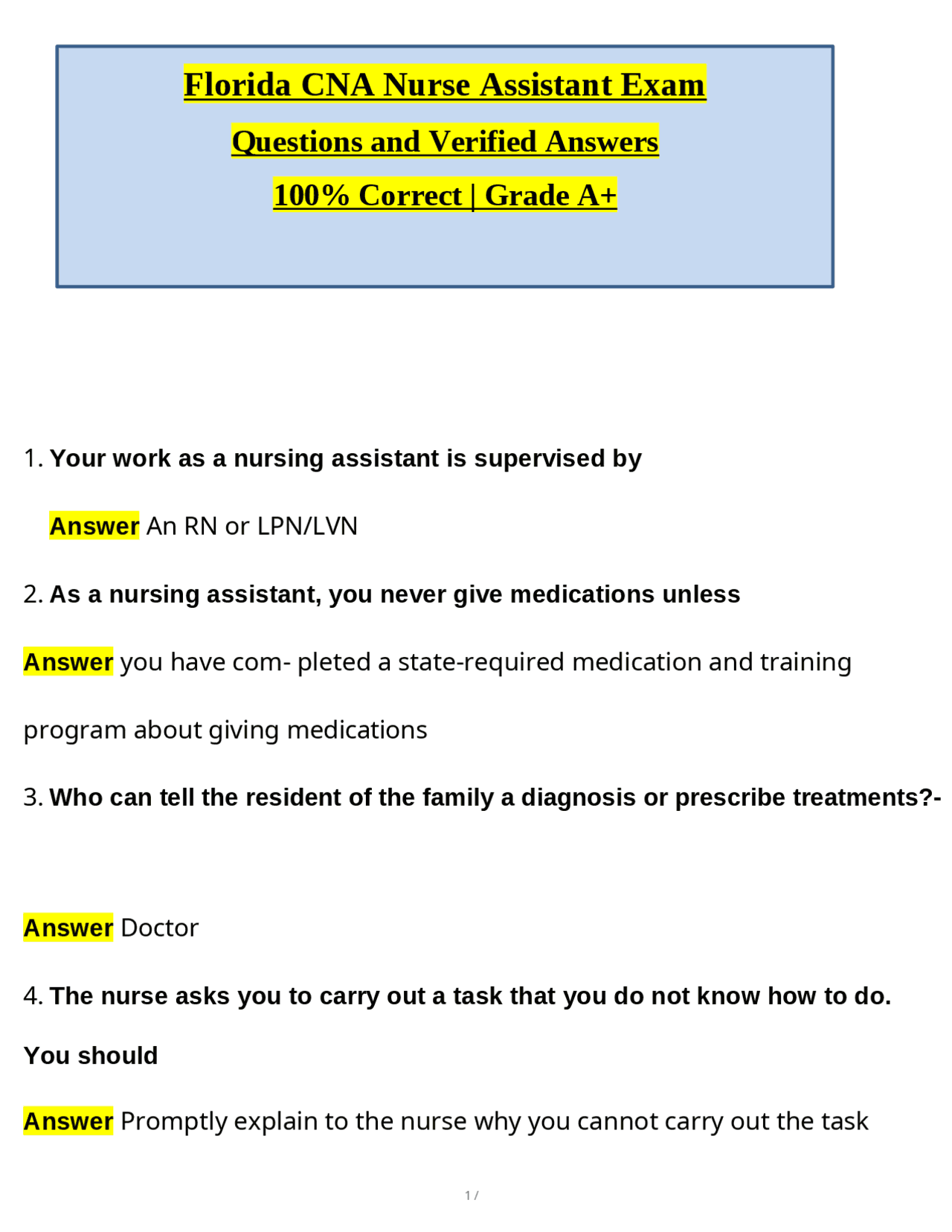 Florida CNA Nurse Assistant Exam (Latest 2025 / 2026 Update) Questions ...