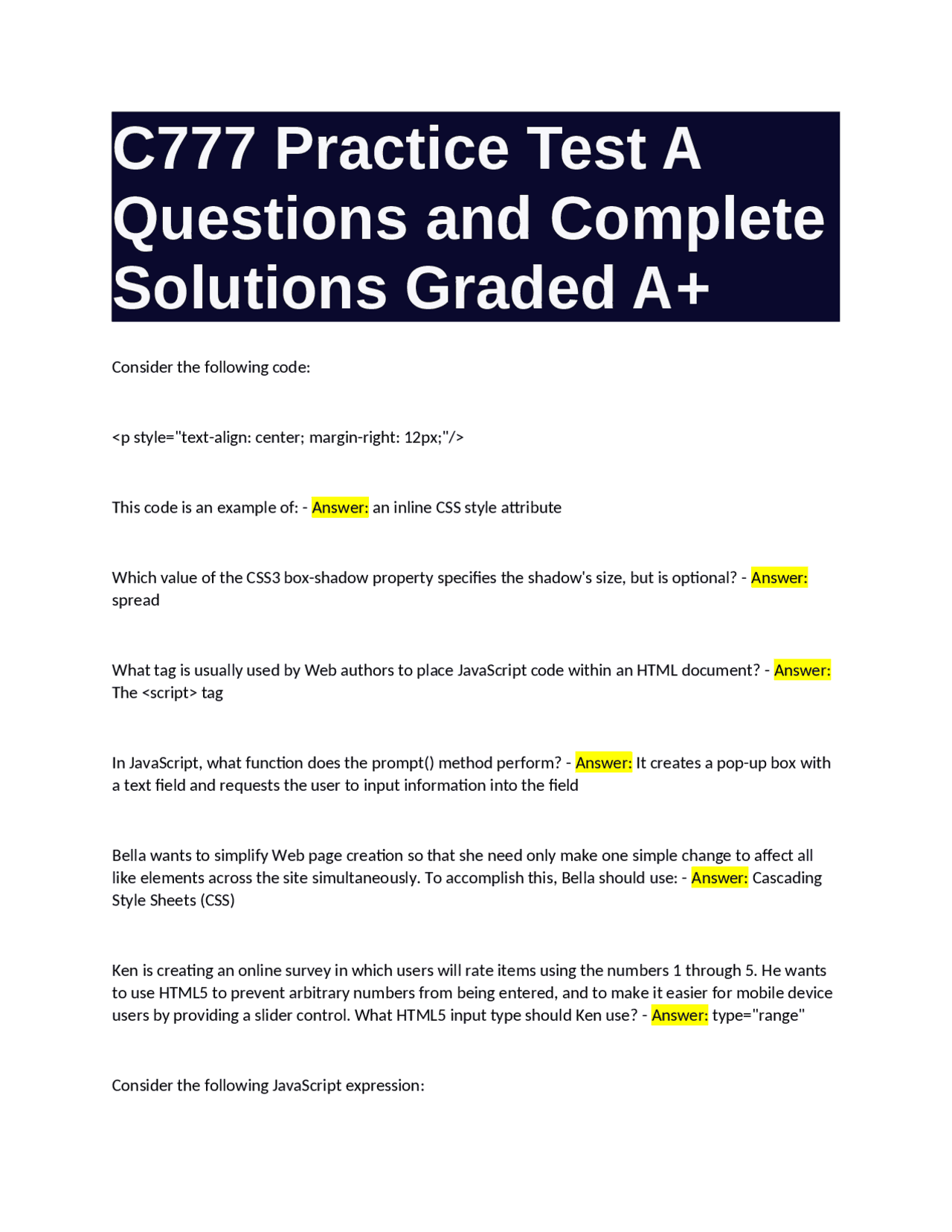HTML5, CSS3, and JavaScript Practice Test: Questions and Solutions ...