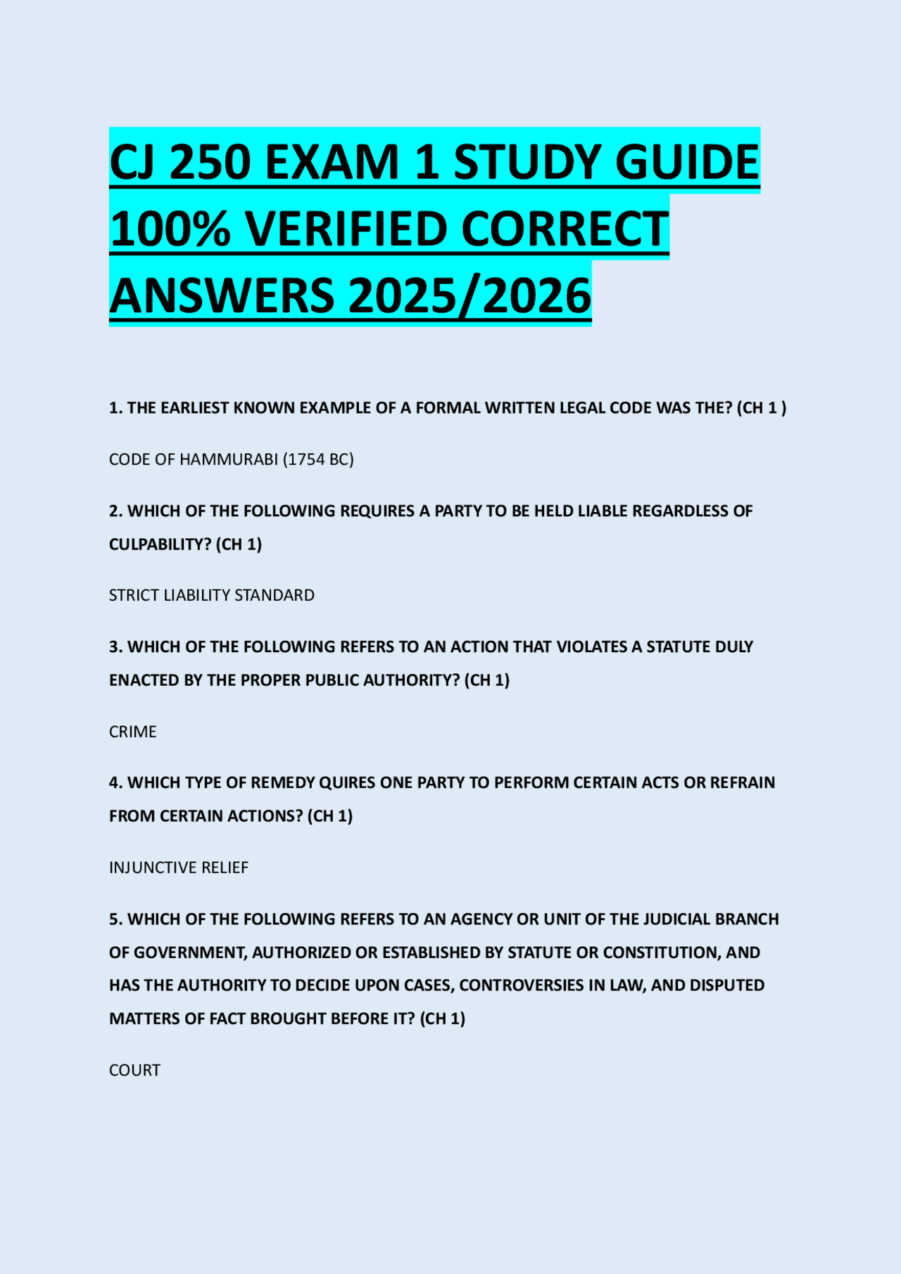 CJ 250 EXAM 1 STUDY GUIDE 100% VERIFIED CORRECT ANSWERS 2025/2026 ...