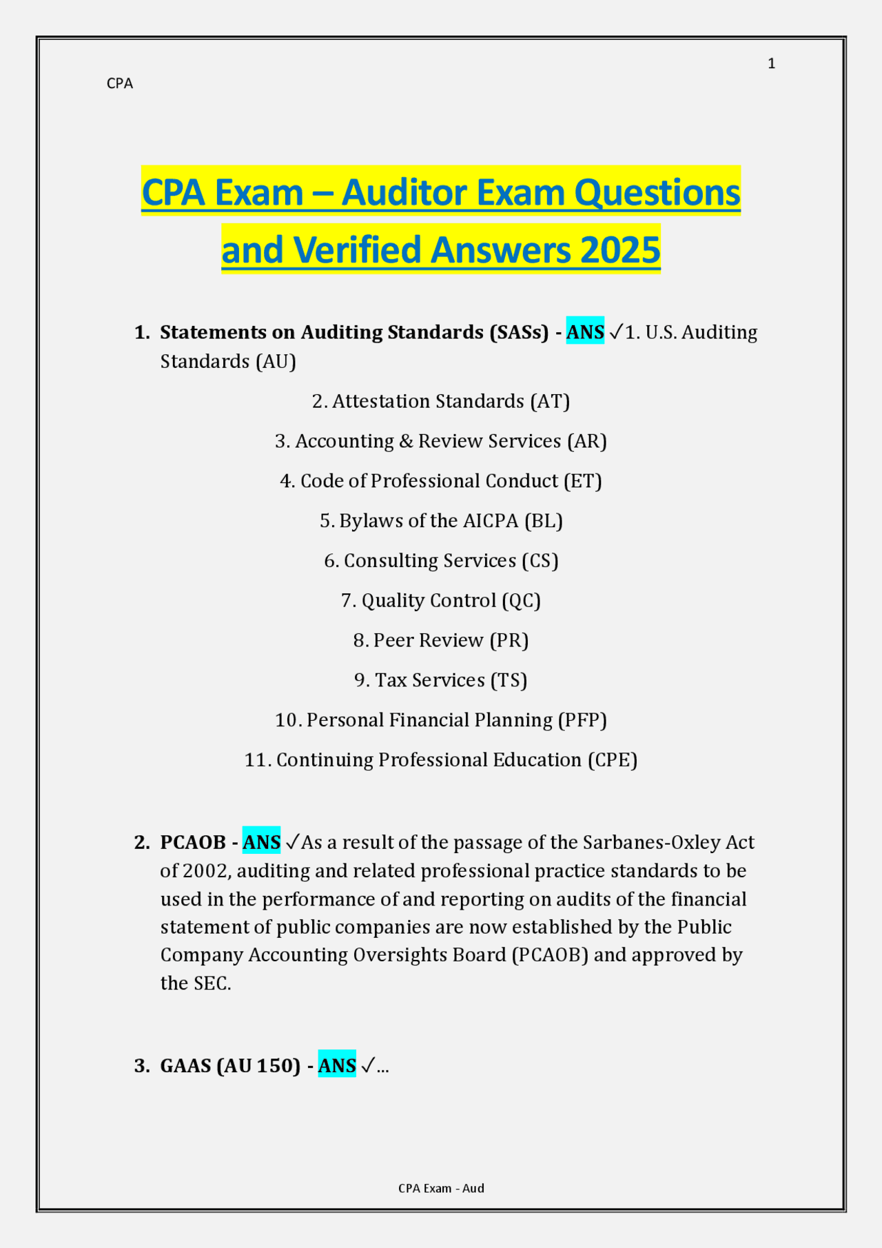 CPA Exam - Auditing: Questions and Answers | Exams Nursing | Docsity