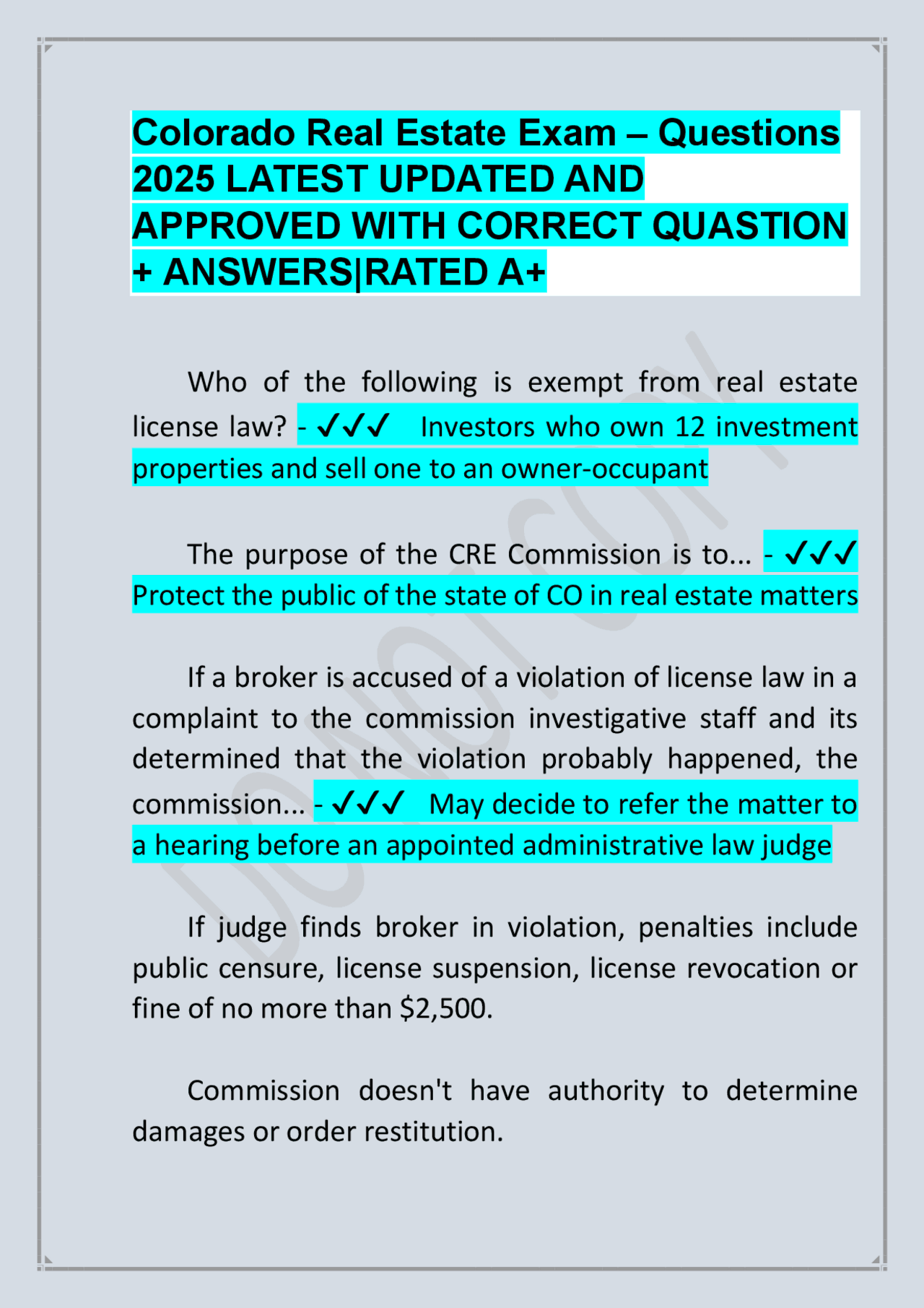 Colorado Real Estate Exam – Questions 2025 LATEST UPDATED AND APPROVED ...