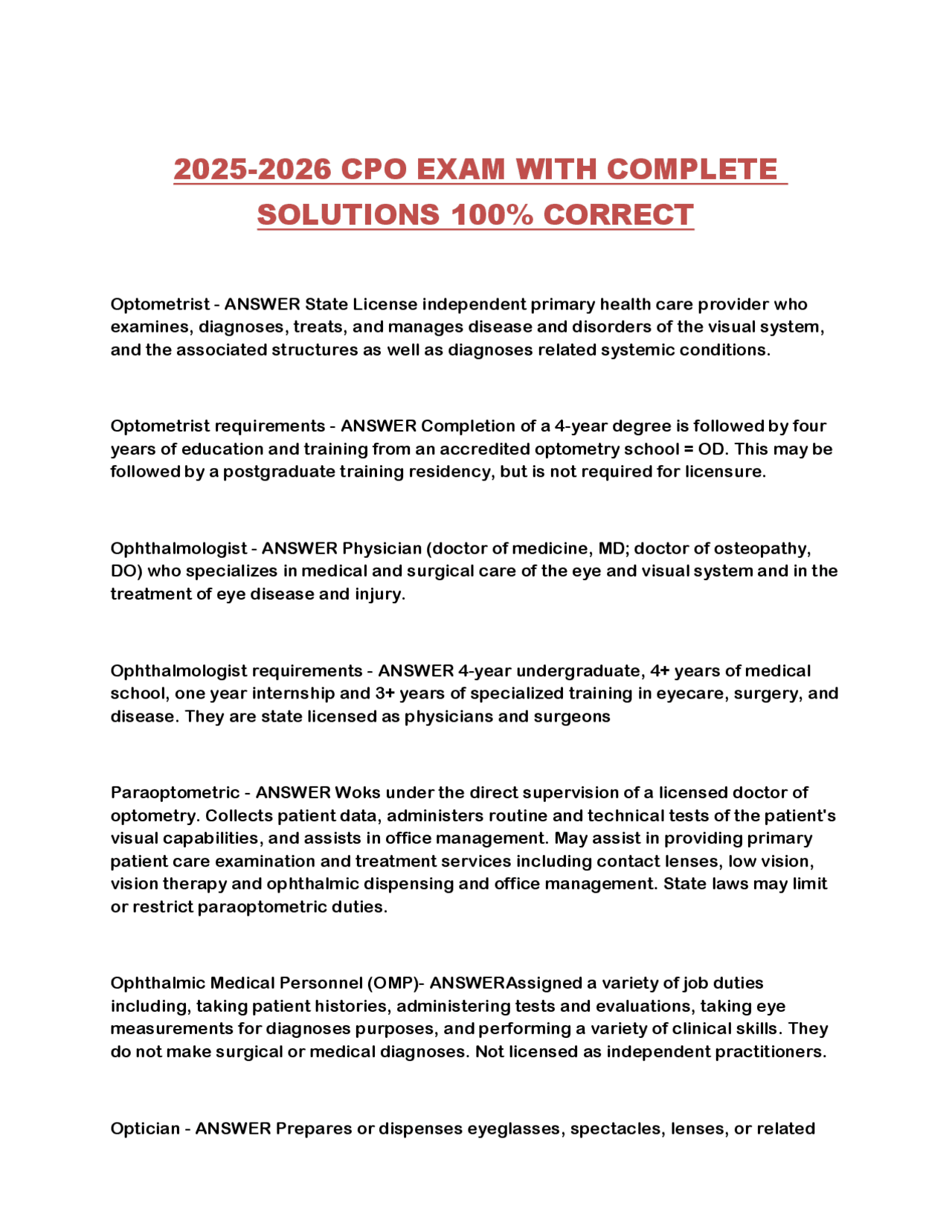 2025-2026 CPO EXAM WITH COMPLETE SOLUTIONS 100% CORRECT | Exams ...