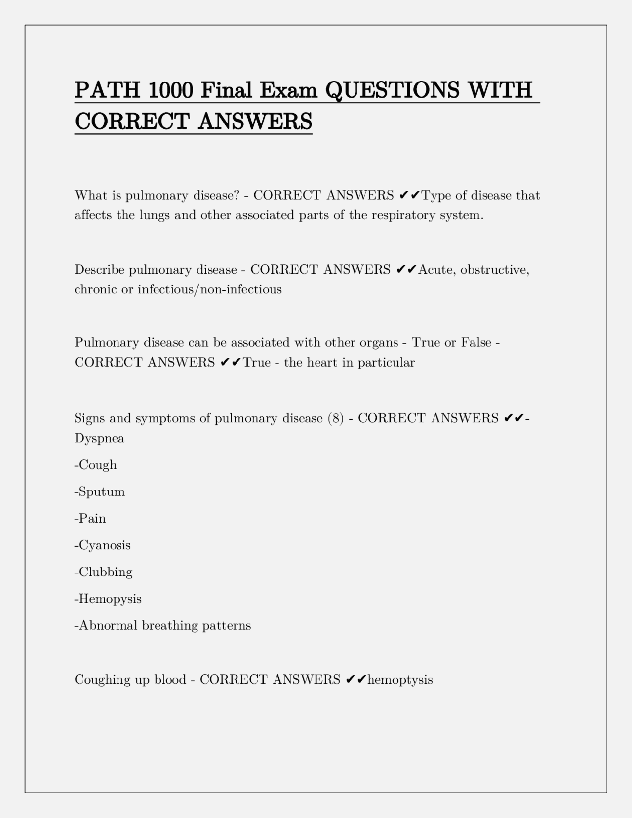PATH 1000 Final Exam QUESTIONS WITH CORRECT ANSWERS | Exams Pathology ...