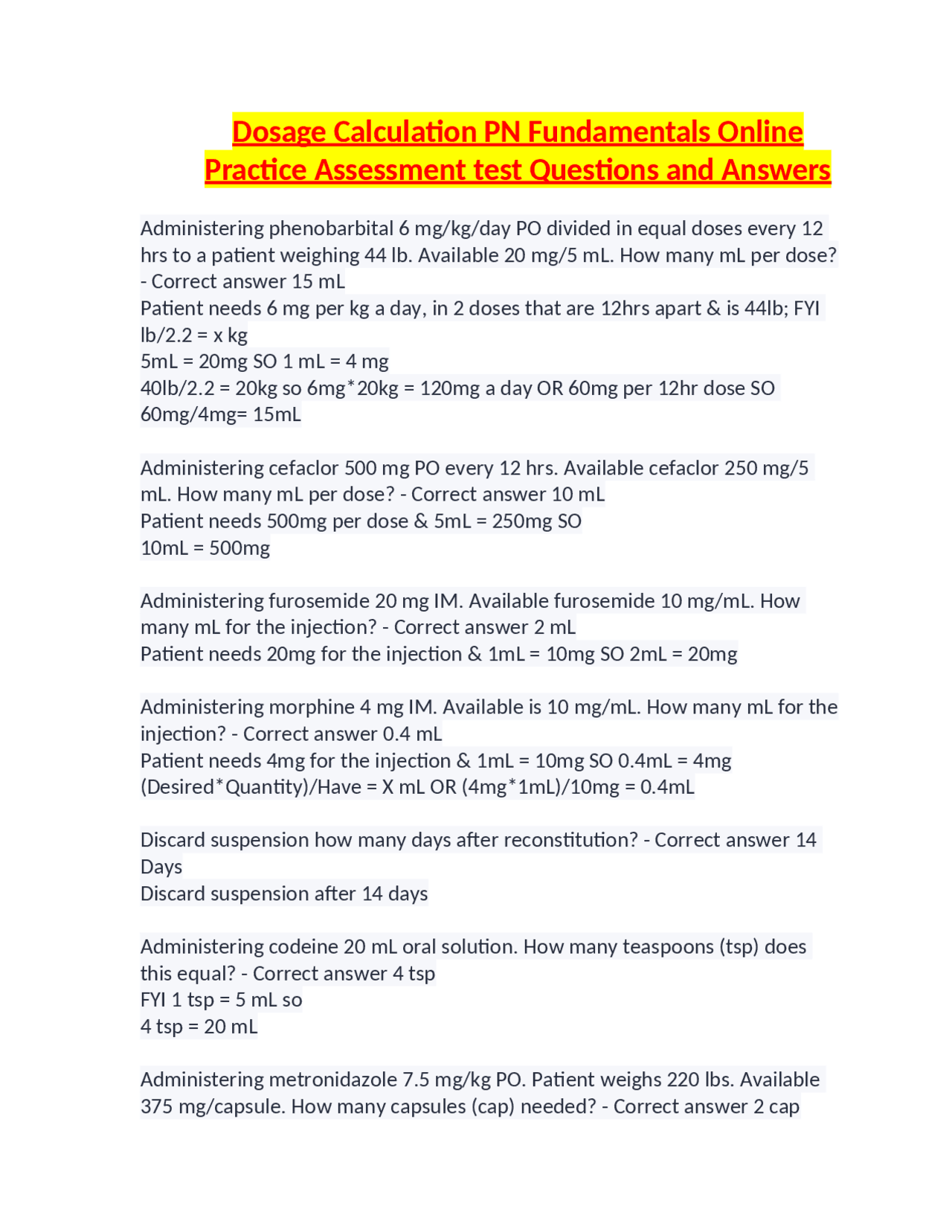 Dosage Calculation PN Fundamentals Online Practice Assessment test ...