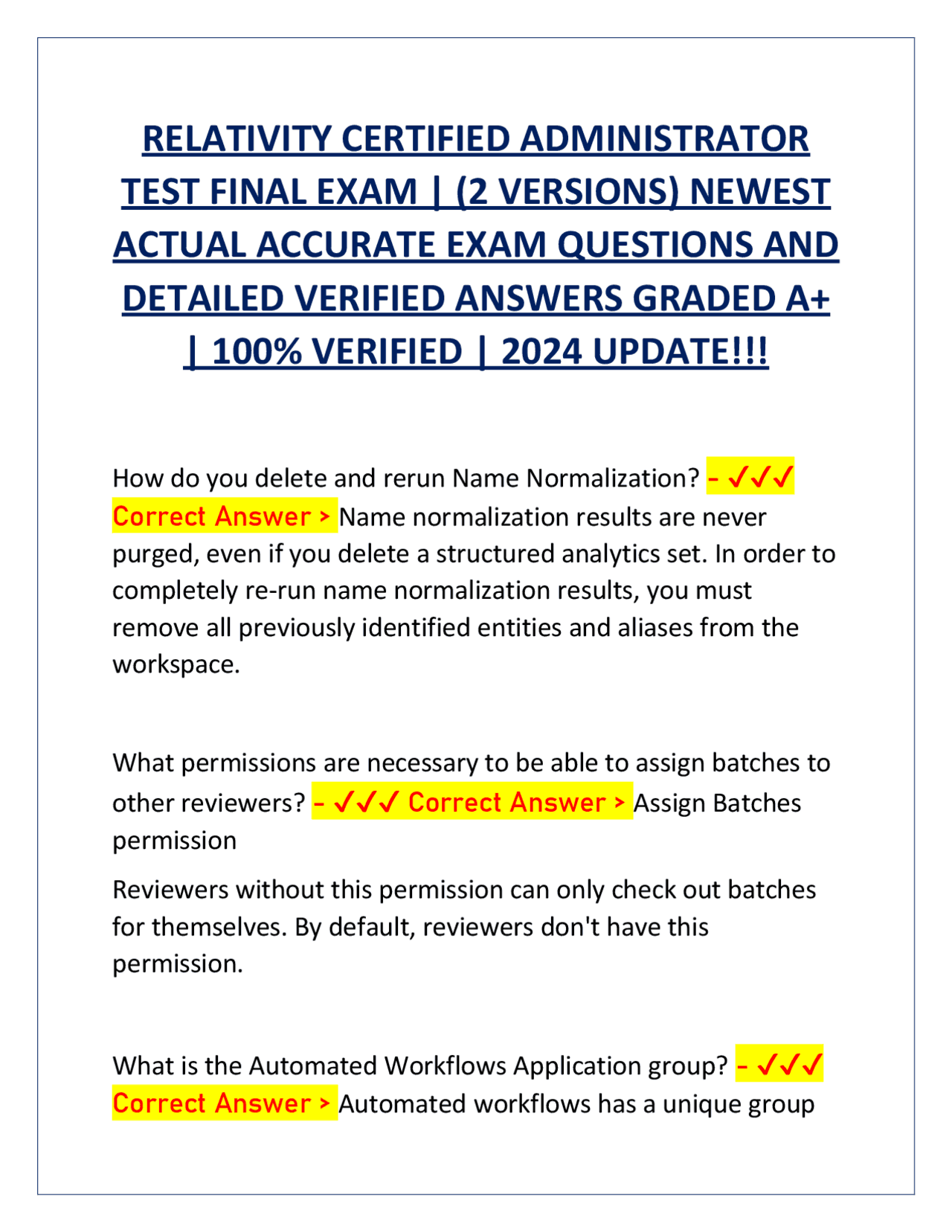 Relativity Certification RELATIVITY CERTIFIED ADMINISTRATOR TEST FINAL EXAM | (2 VERSIONS ...
