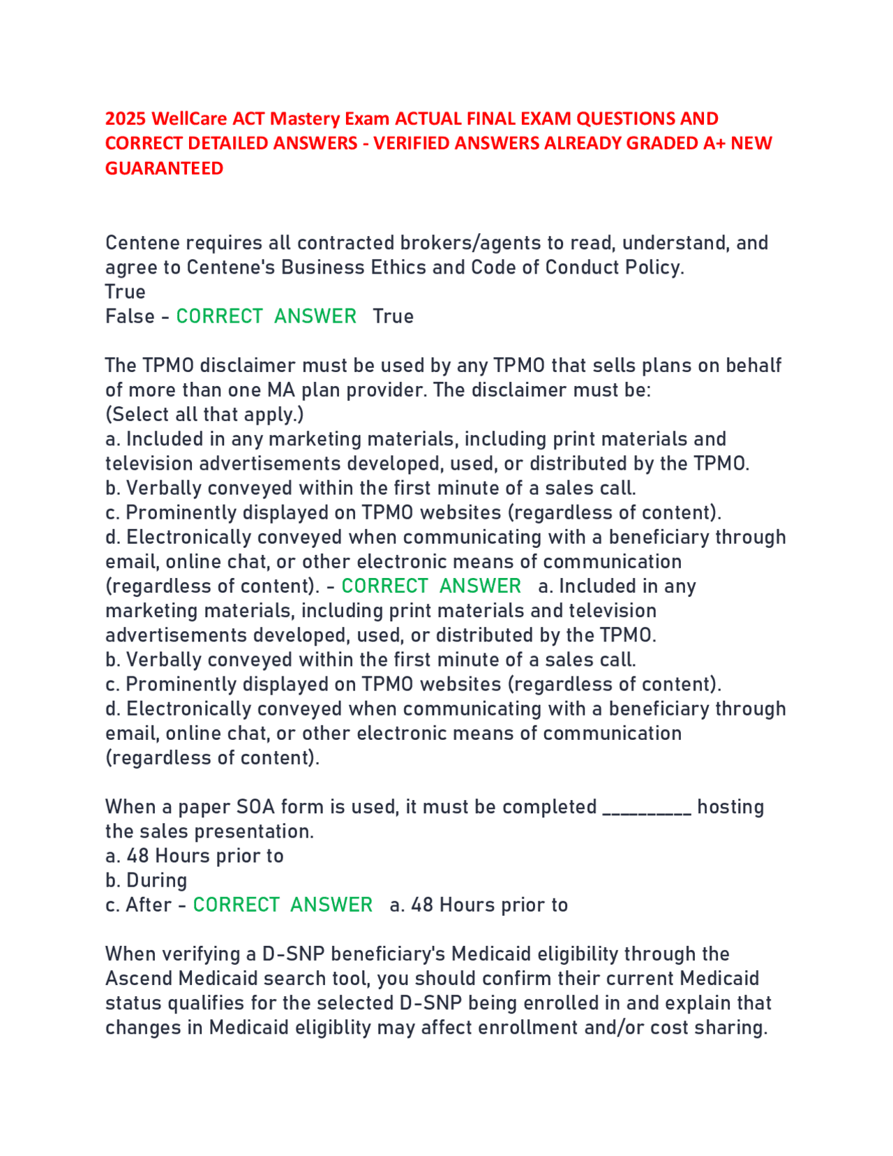 WellCare ACT Mastery Exam: Actual Final Exam Questions and Answers