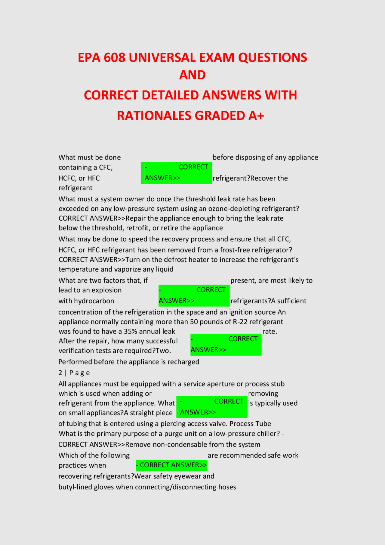 EPA 608 UNIVERSAL EXAM QUESTIONS AND CORRECT DETAILED ANSWERS WITH ...