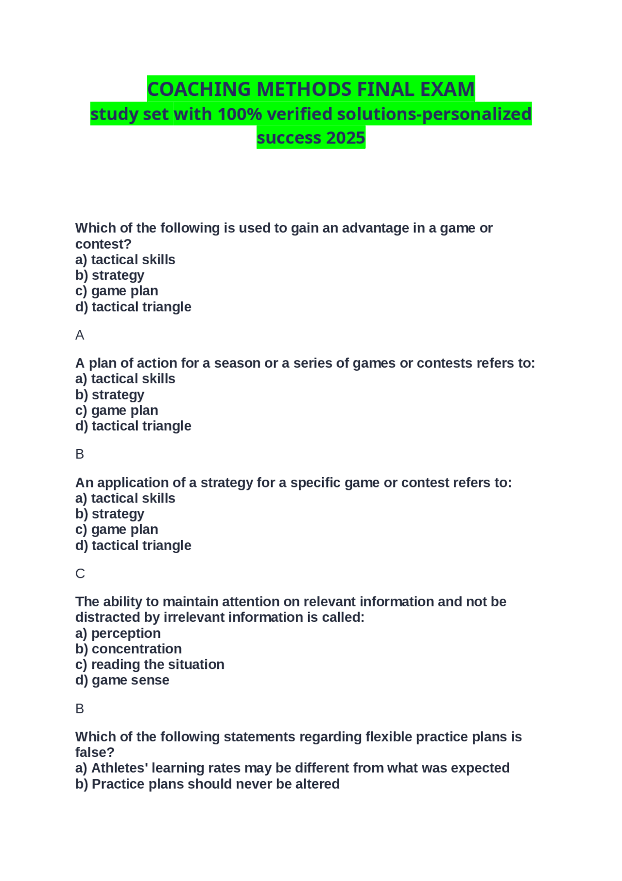 COACHING METHODS FINAL EXAM study set with 100% verified solutions ...