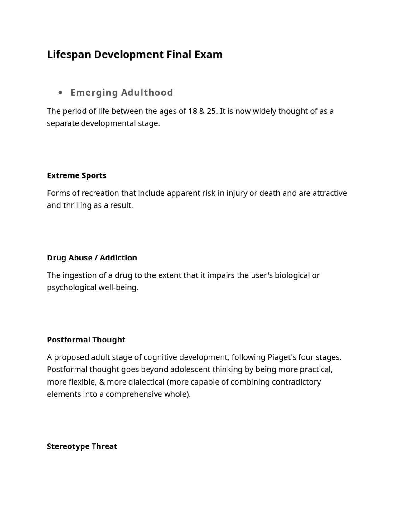 Lifespan Development Final Exam Key Concepts And Theories Exams