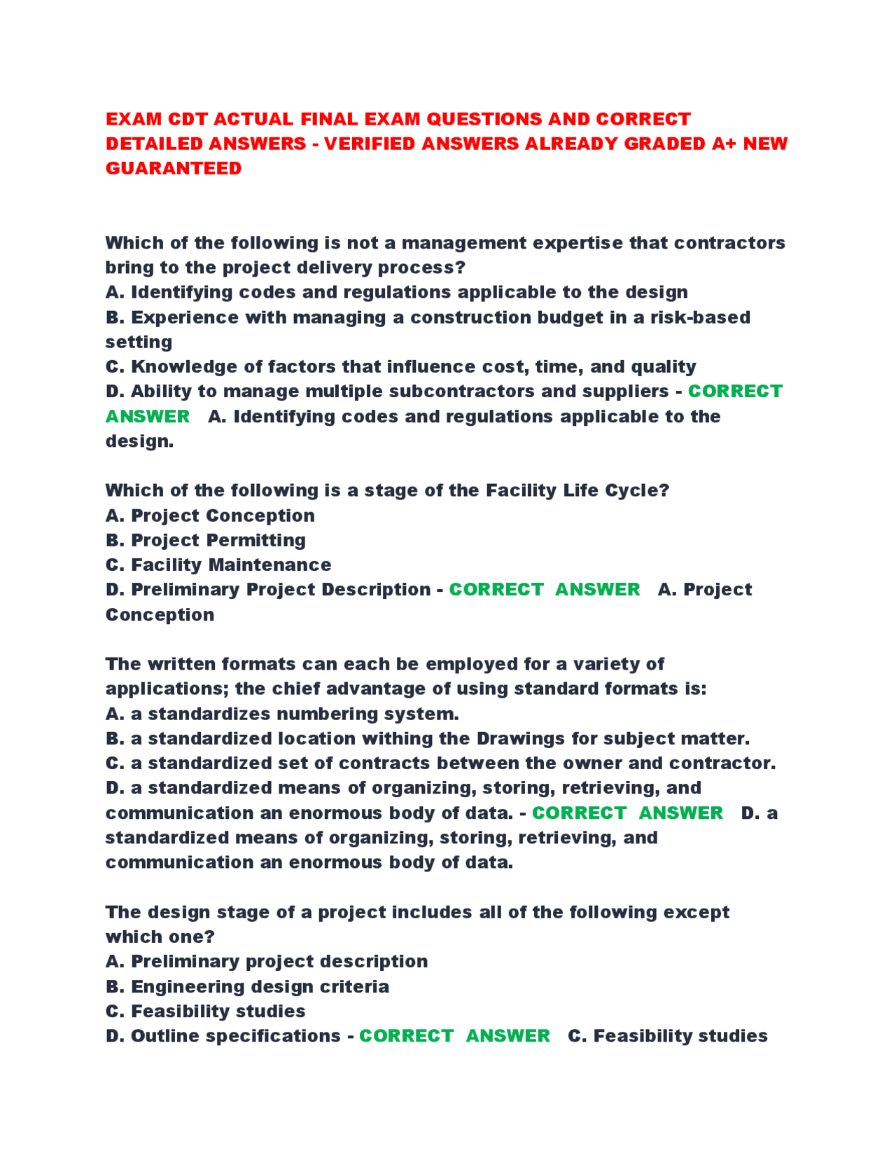 Construction Management Exam Questions and Answers | Exams Nursing ...