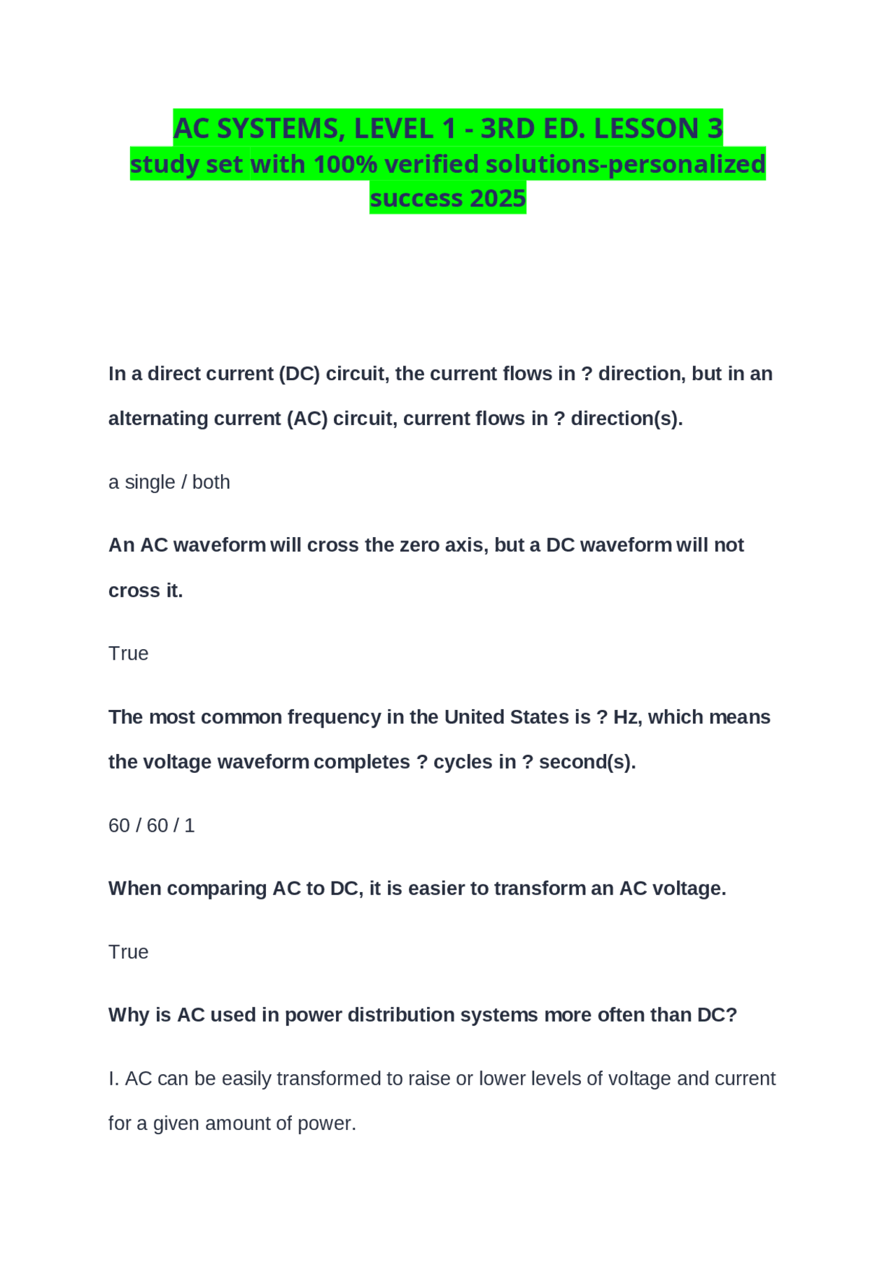 AC SYSTEMS, LEVEL 1 - 3RD ED. LESSON 3 study set with 100% verified ...