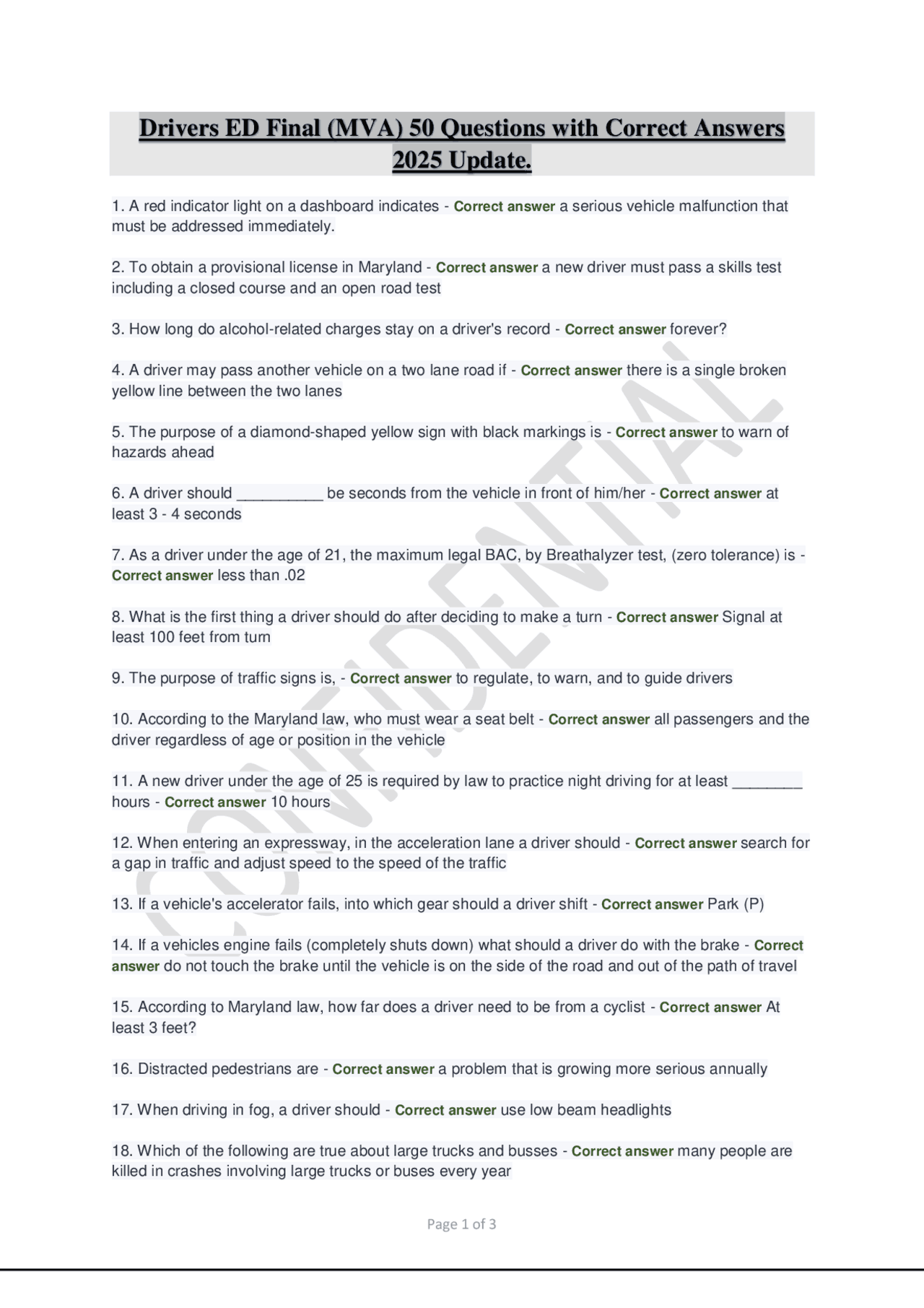 Drivers ED Final (MVA) 50 Questions with Correct Answers 2025 Update ...