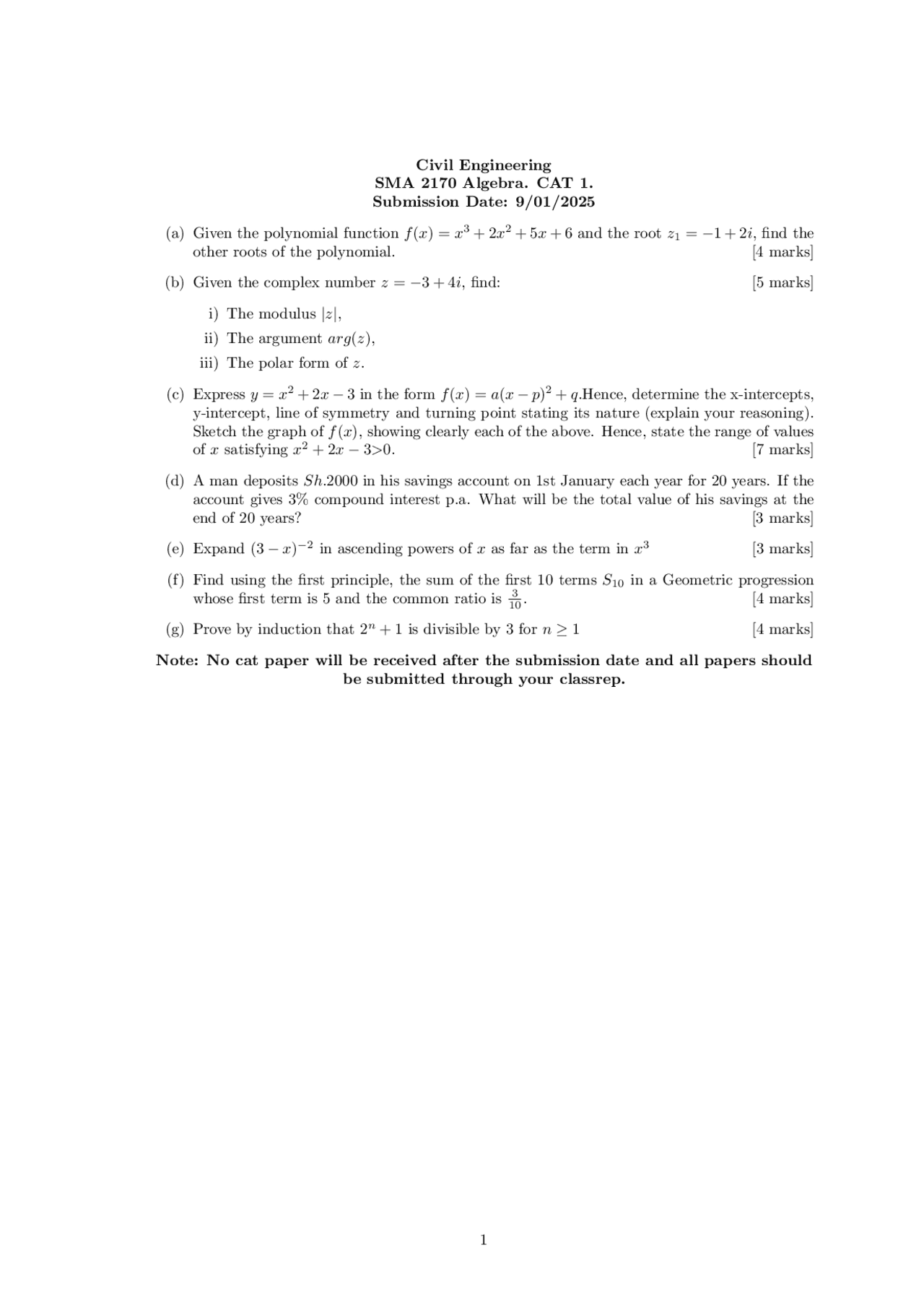 Algebra cat 2 Civil engineering | Quizzes Applied Mathematics | Docsity