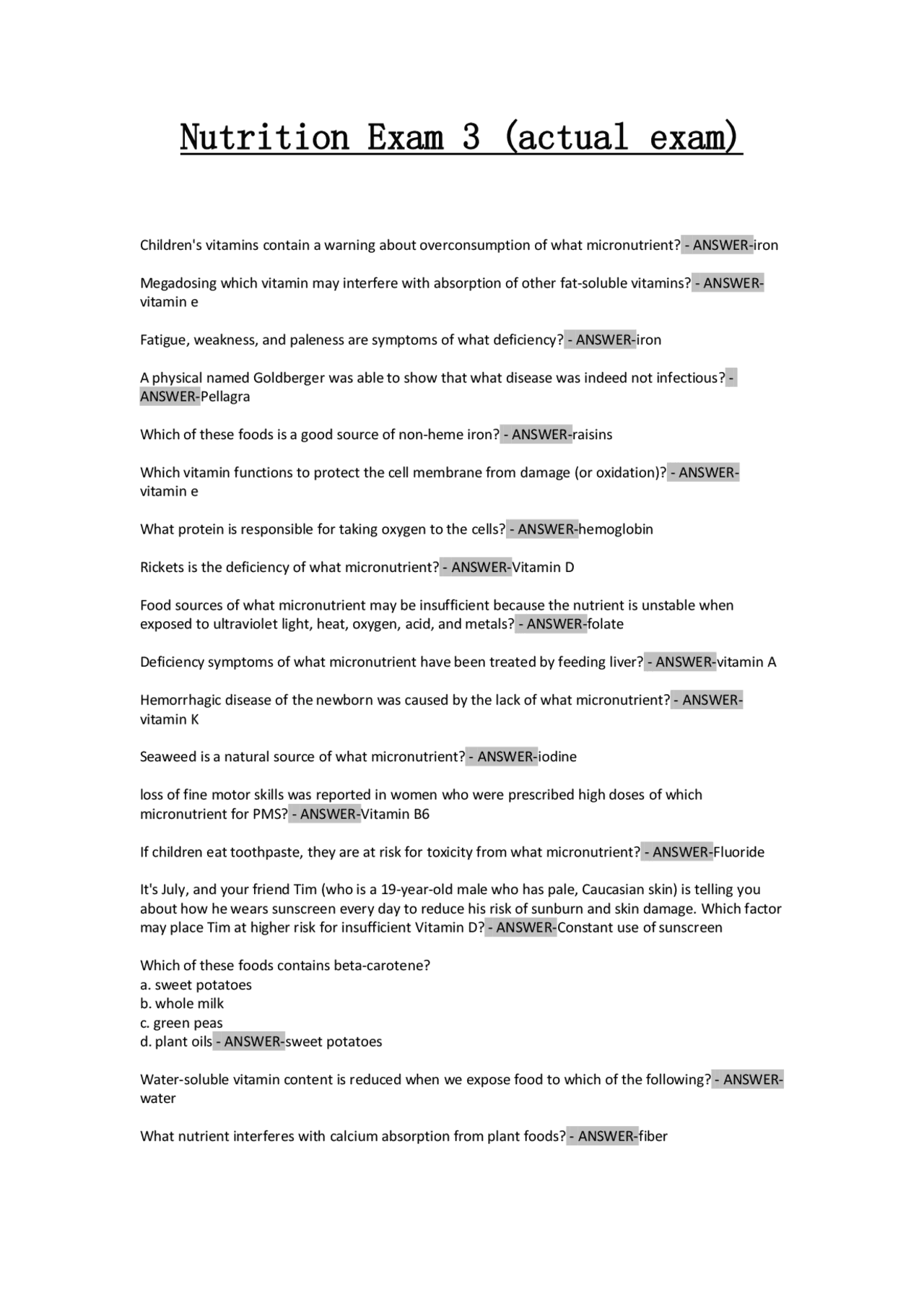 Nutrition Exam 3: Multiple Choice Questions and Answers | Exams ...