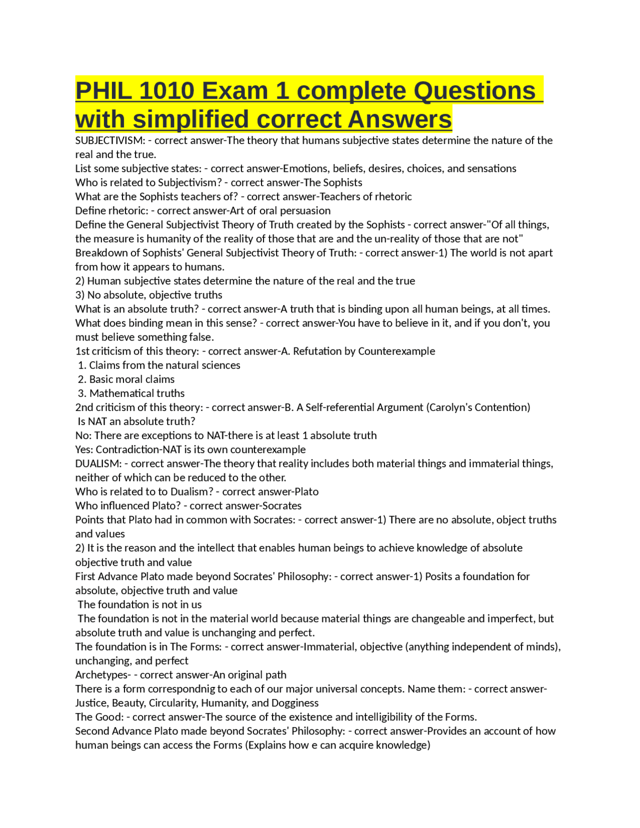 PHIL 1010 Exam 1: Subjectivism, Dualism, Materialism, and Idealism ...