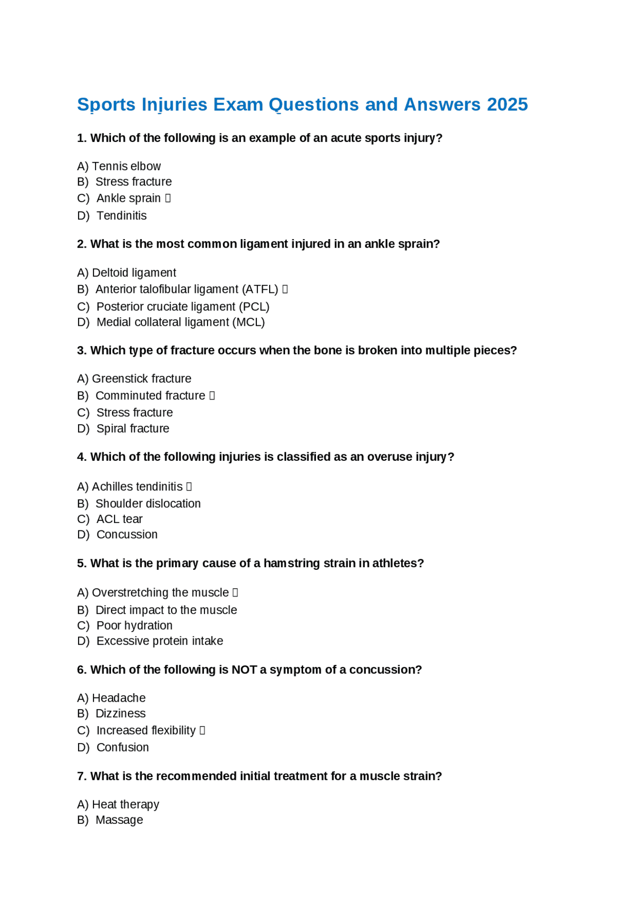 Post Injury Questions Sports Injuries Exam Questions and Answers | Exams Nursing | Docsity