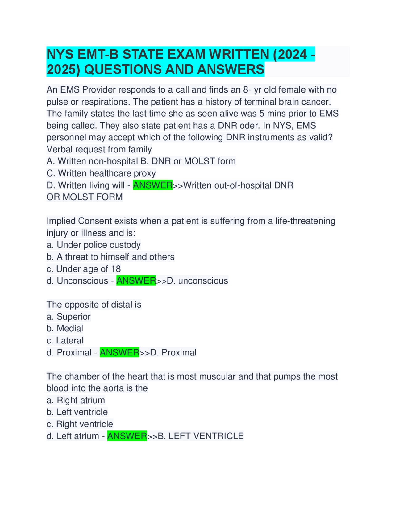 NYS EMT-B STATE EXAM WRITTEN (2024 - 2025) QUESTIONS AND ANSWERS ...
