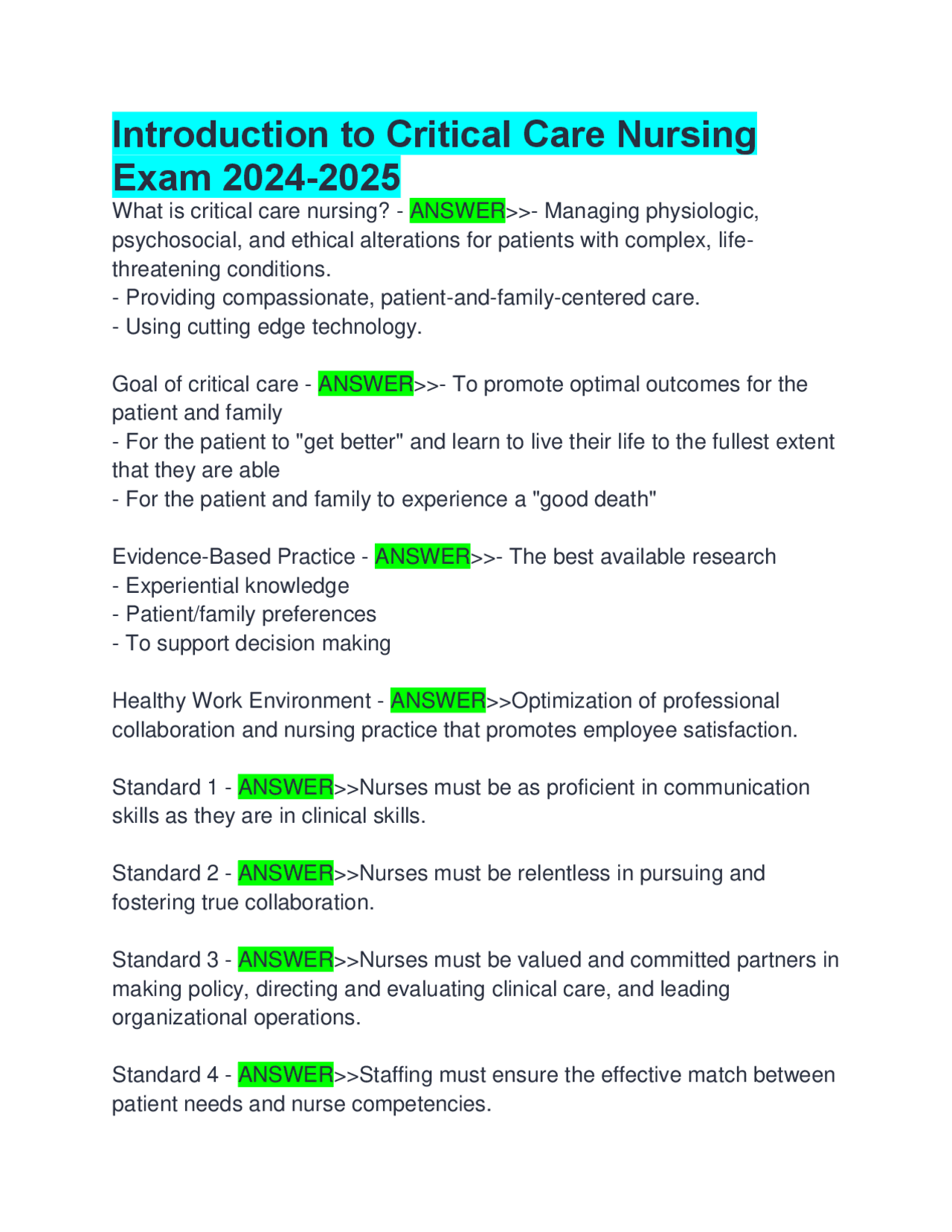 Introduction to Critical Care Nursing Exam 2024-2025 | Exams Nursing ...
