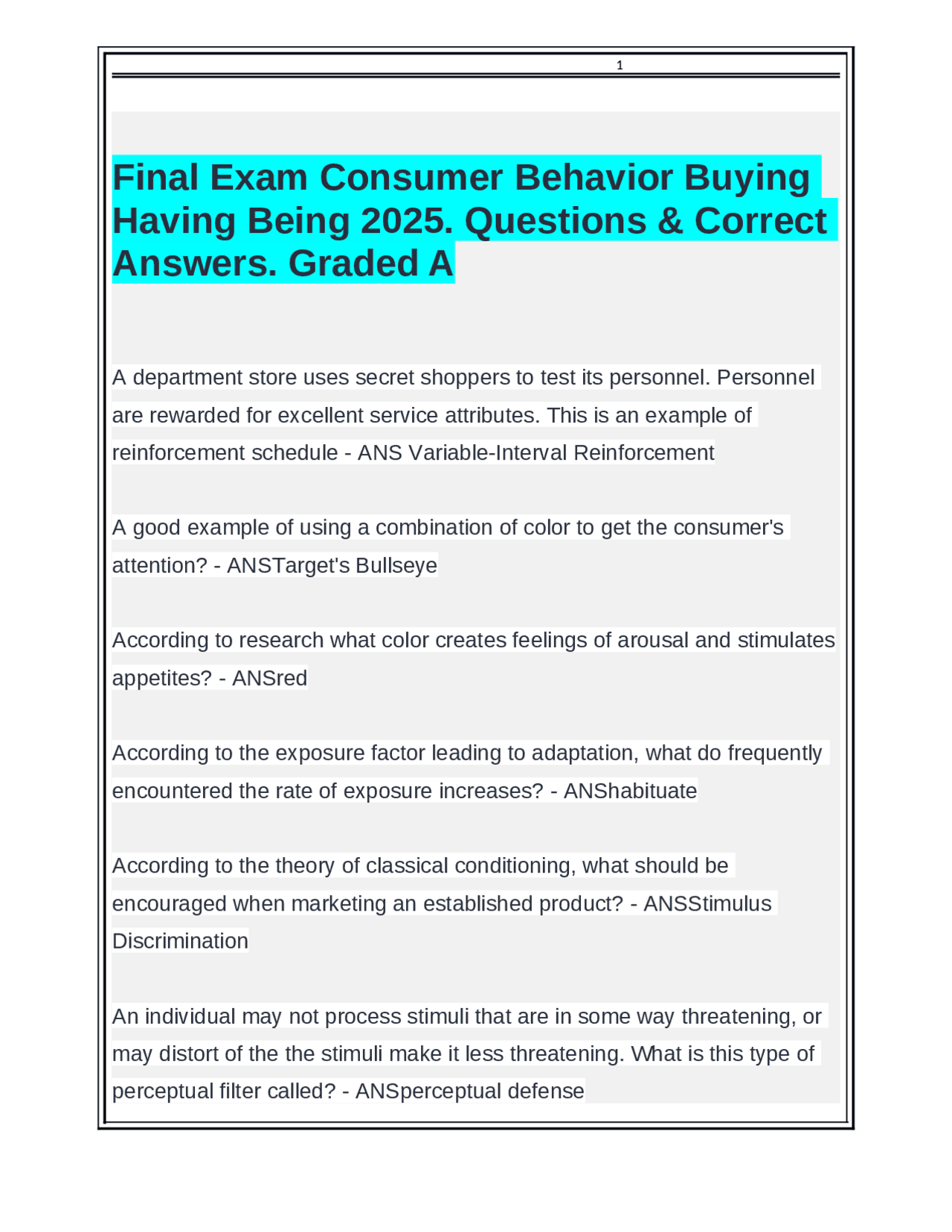 Consumer Behavior: Final Exam Questions and Answers | Exams Consumer ...