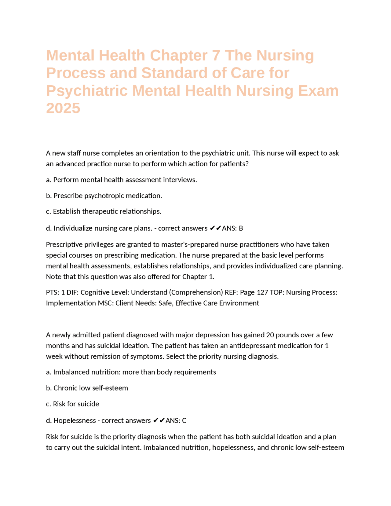 Mental Health Chapter 7 The Nursing Process | Exams Health psychology ...
