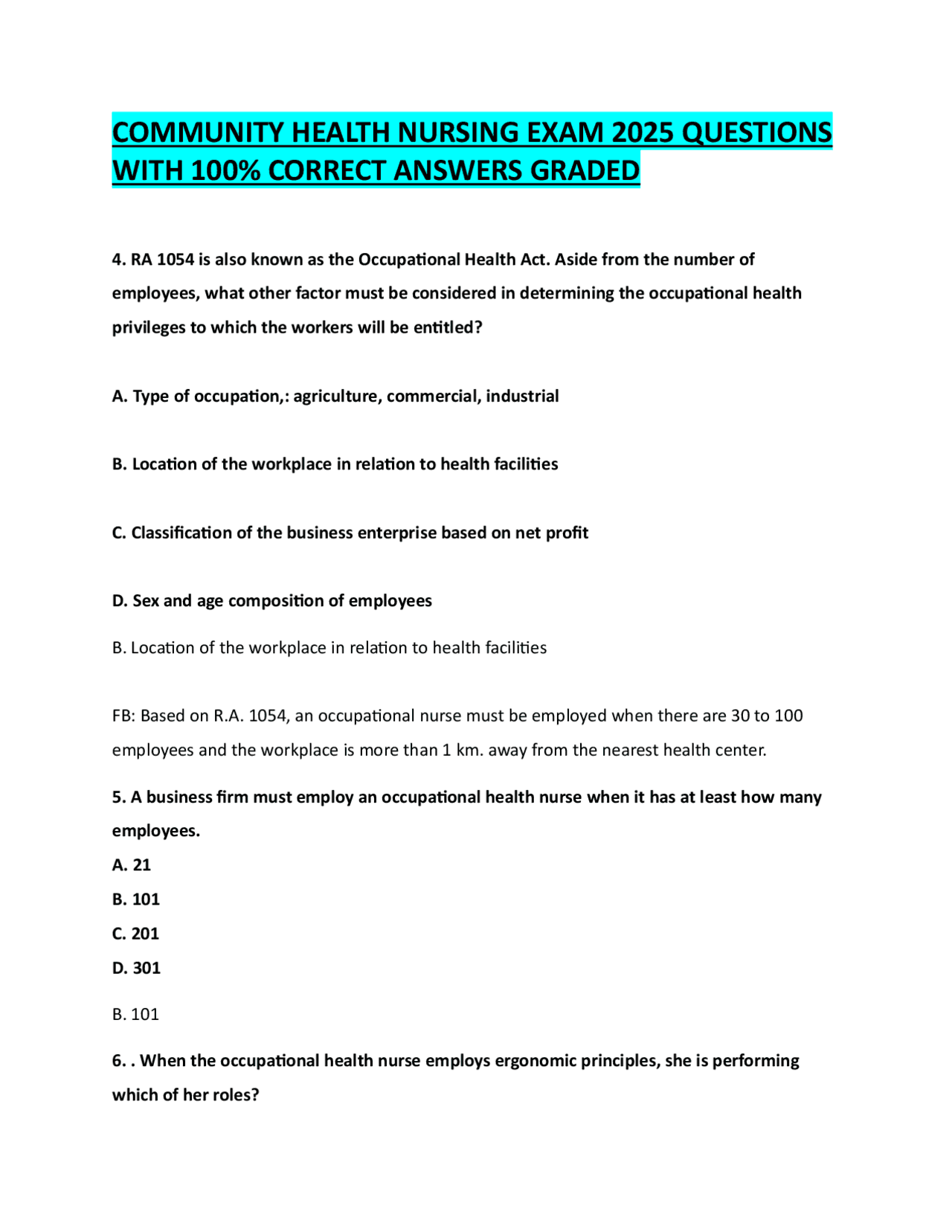 COMMUNITY HEALTH NURSING EXAM 2025 QUESTIONS WITH 100% CORRECT ANSWERS ...