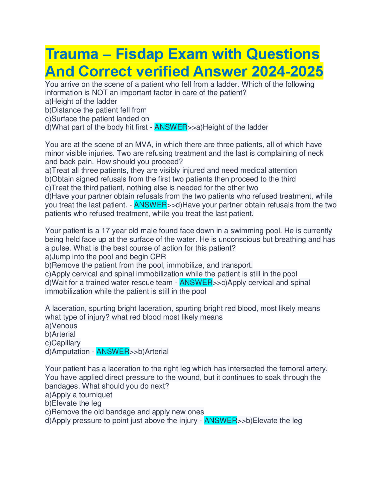 Trauma – Fisdap Exam with Questions And Correct verified Answer 2024 ...