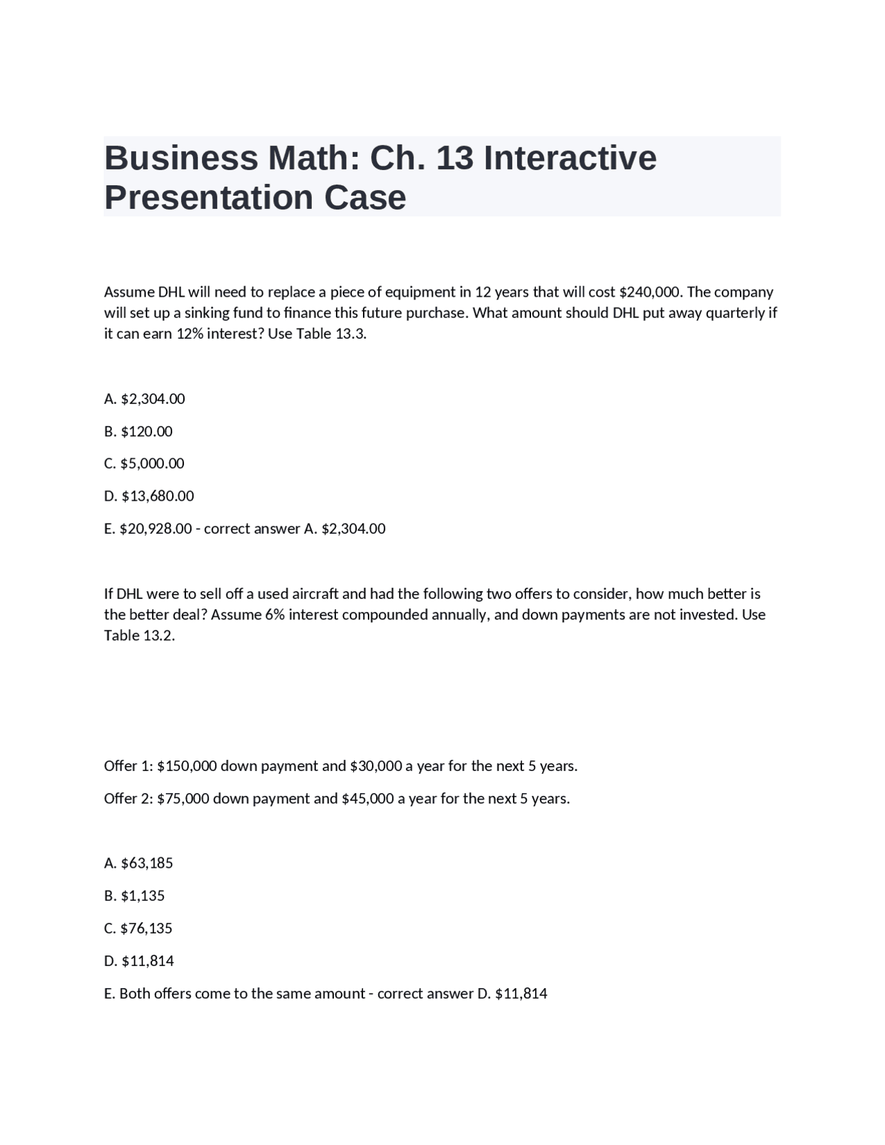 Business Math: Chapter 13 Interactive Presentation Case - Exercises and ...