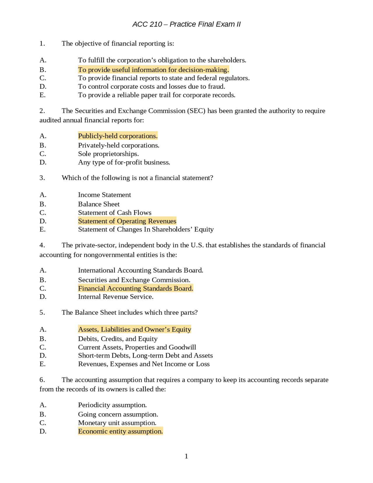 ACC 210 - Practice Final Exam II: Accounting Principles and Concepts ...