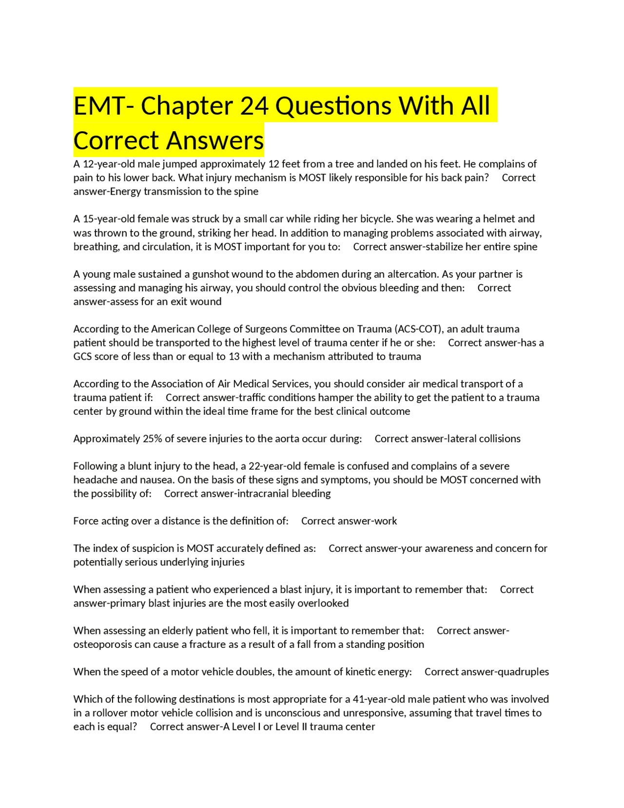 EMT- Chapter 24 Questions With All Correct Answers | Exams
