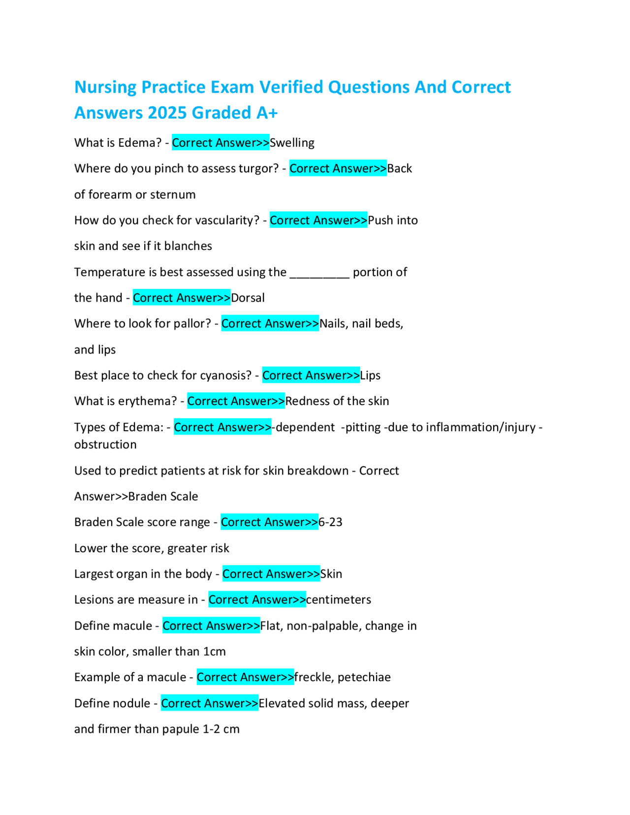 Nursing Practice Exam Verified Questions And Correct Answers 2025 ...