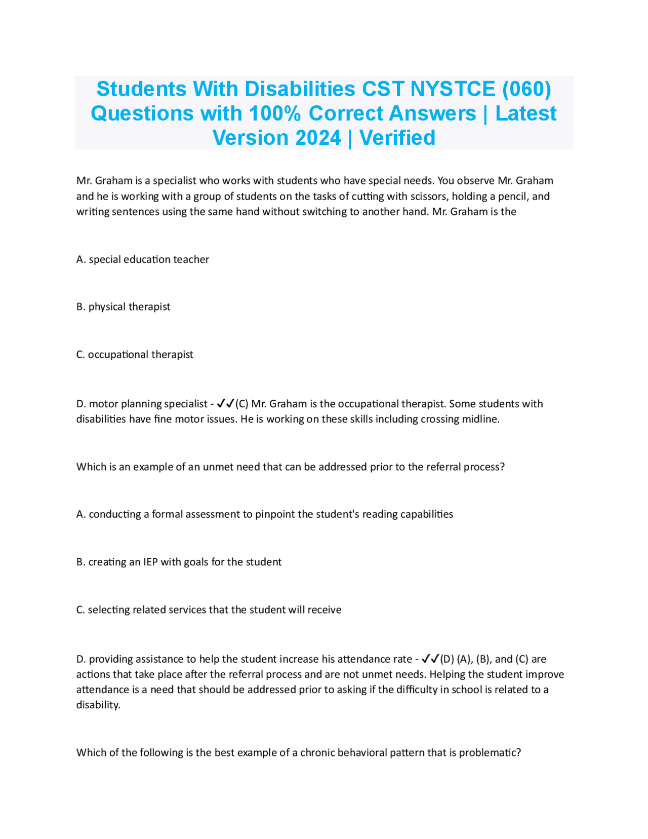Students With Disabilities CST NYSTCE (060) Questions with 100% Correct Answers | Latest V ...