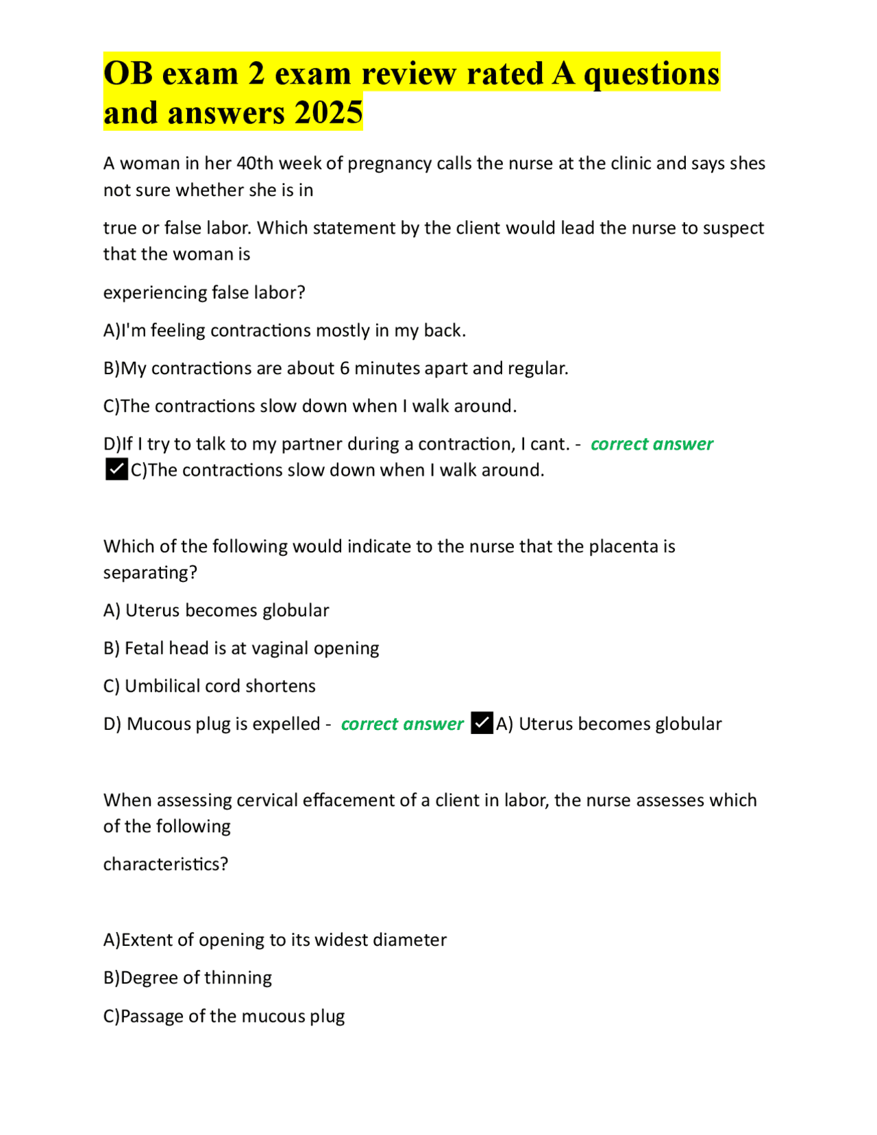 OB exam 2 exam review rated A questions and answers 2025. | Exams ...