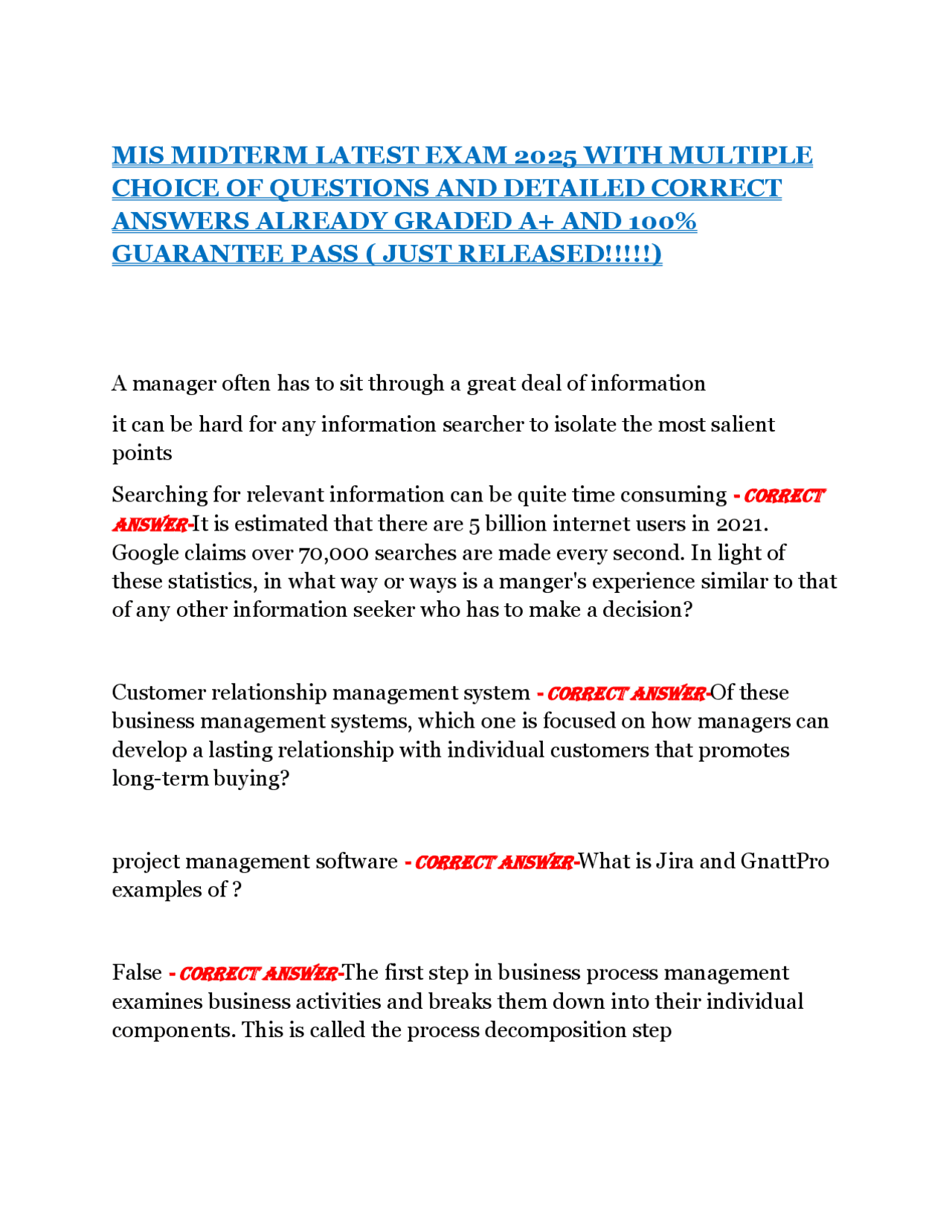 MIS MIDTERM LATEST EXAM 2025 WITH MULTIPLE CHOICE OF QUESTIONS AND ...