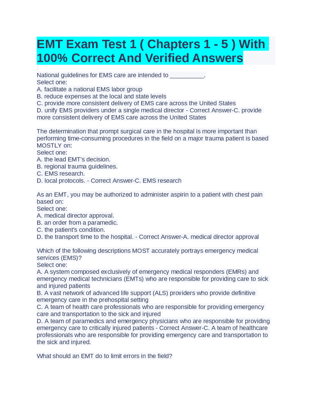 EMT Exam Test 1 ( Chapters 1 - 5 ) With 100% Correct And Verified ...