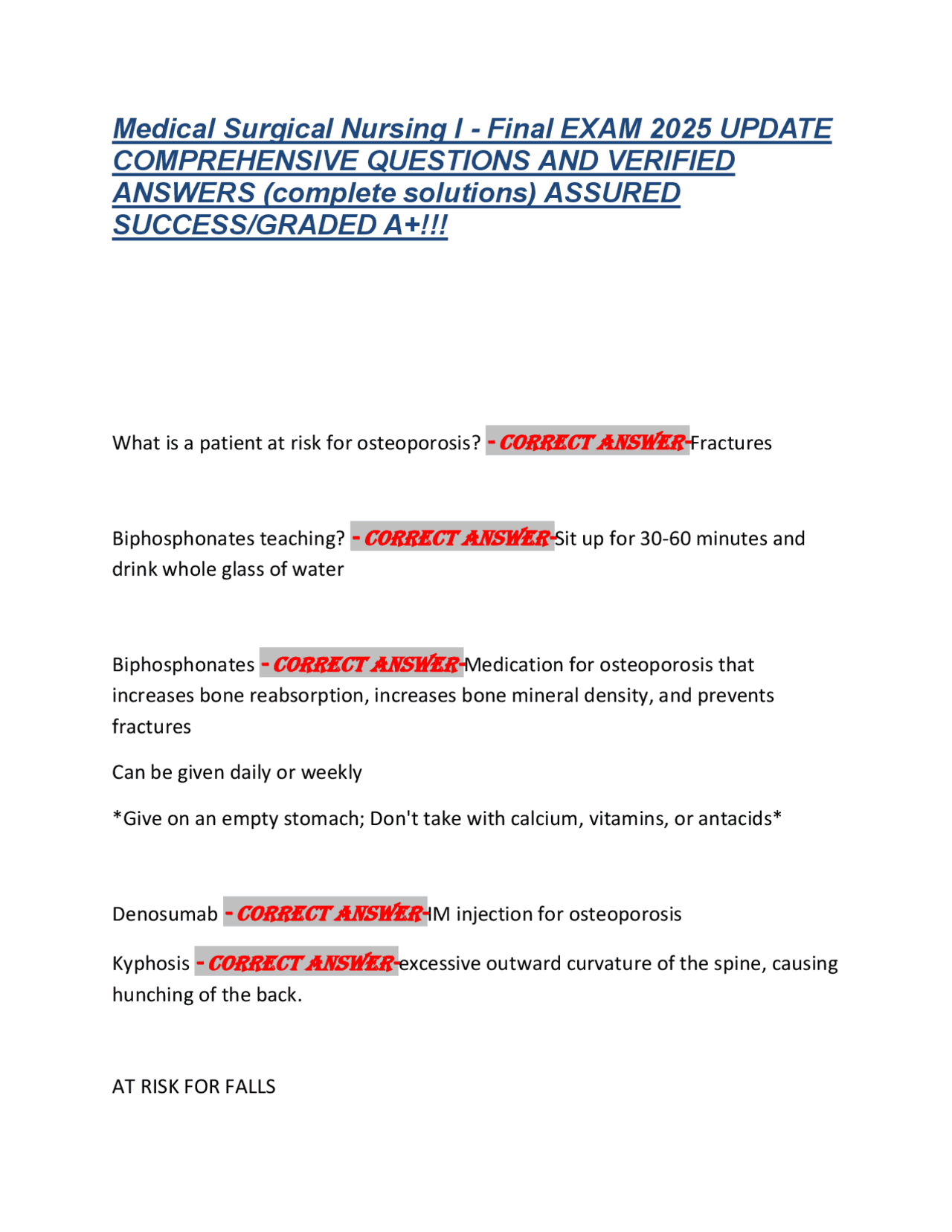 Medical Surgical Nursing I - Final EXAM 2025 UPDATE COMPREHENSIVE ...